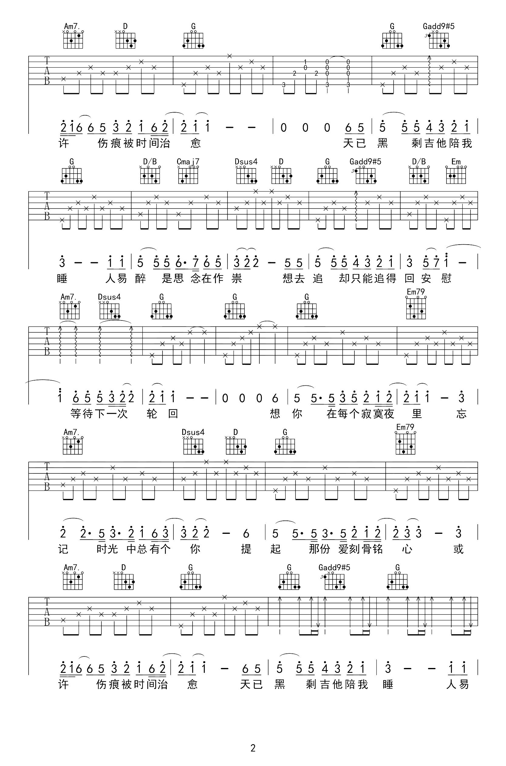 天已黑曲谱D调吉他谱第(2)页