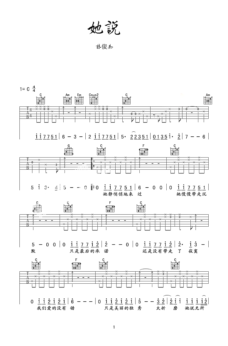 她说曲谱C调吉他谱第(1)页