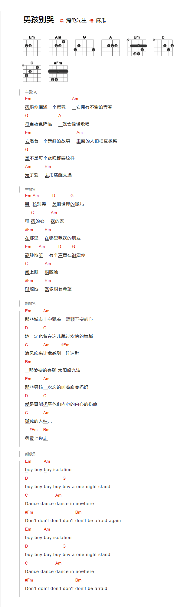 男孩别哭曲谱D调吉他谱第(5)页