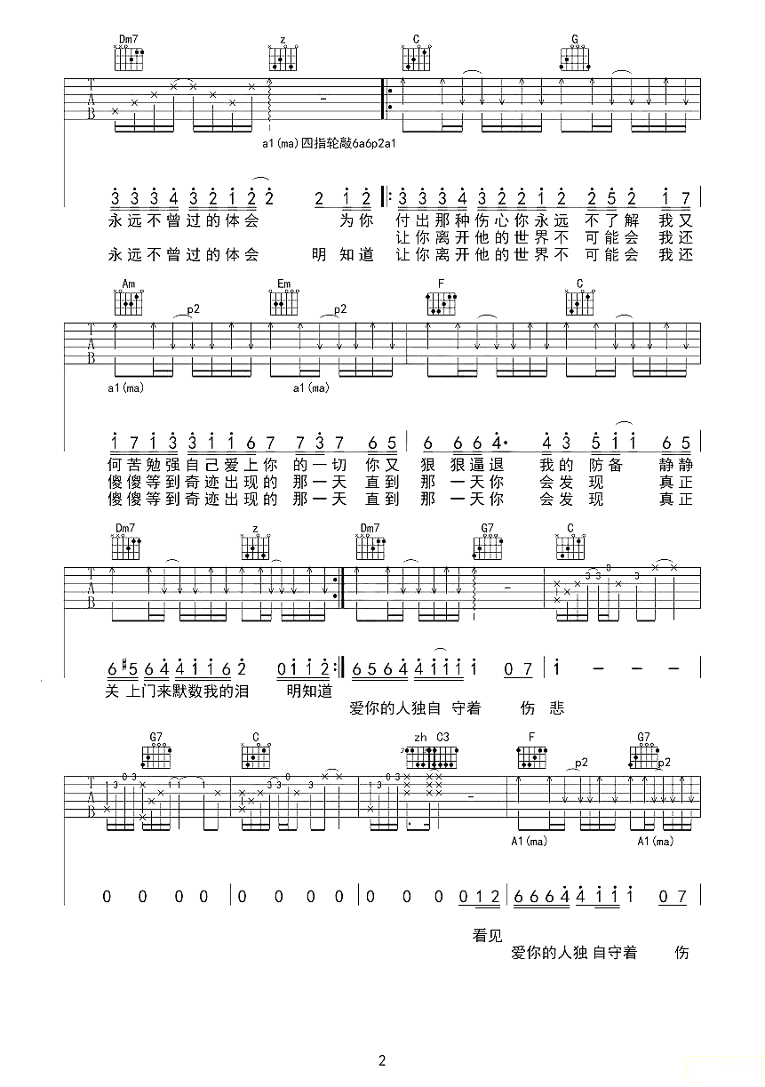 痴心绝对曲谱C调吉他谱第(2)页