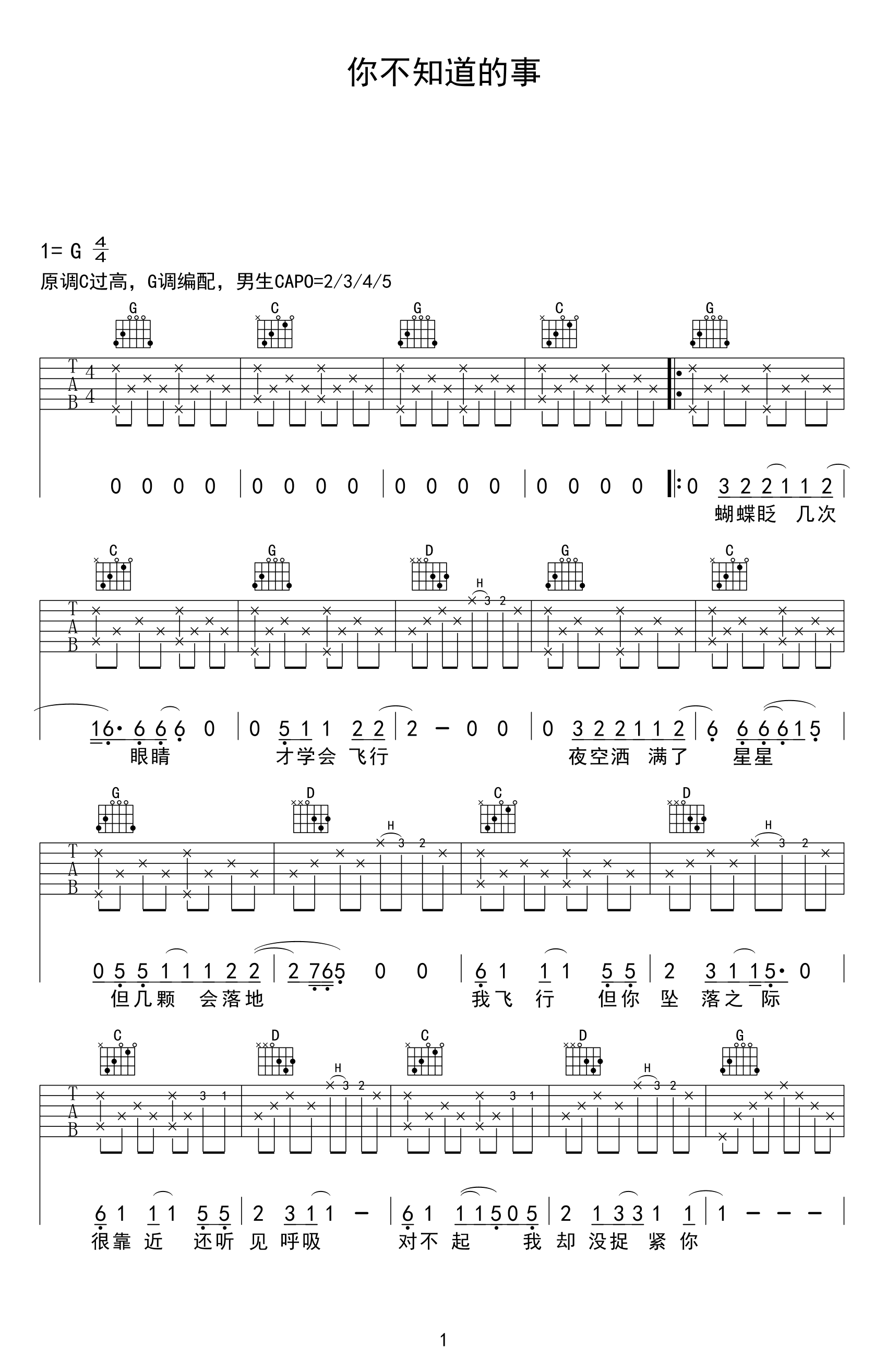你不知道的事曲谱B调吉他谱第(1)页