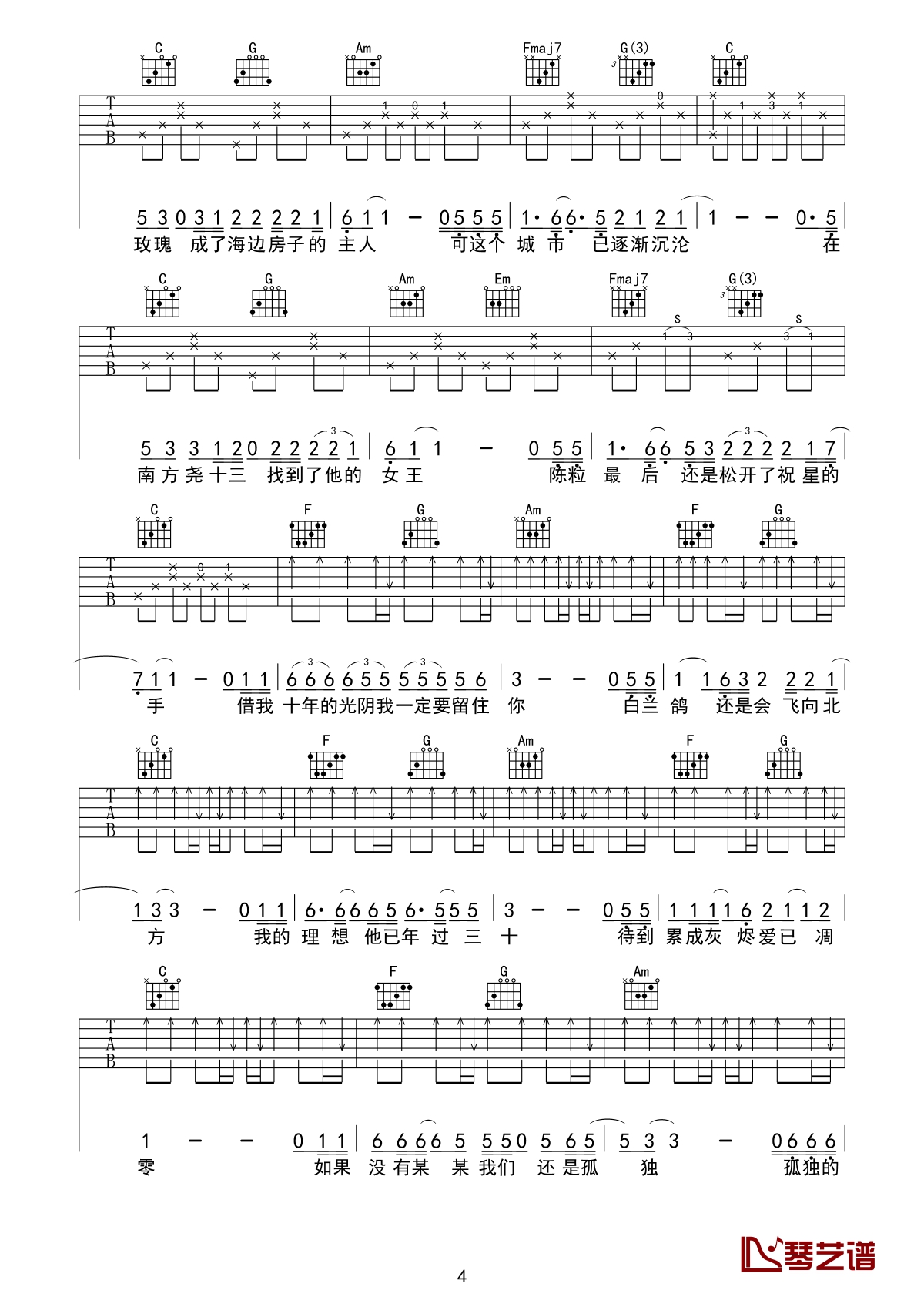 陈小姐的话曲谱by李沛耘D调吉他谱第(4)页