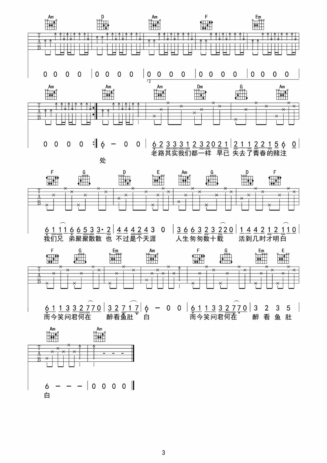 老路小路曲谱D调吉他谱第(3)页