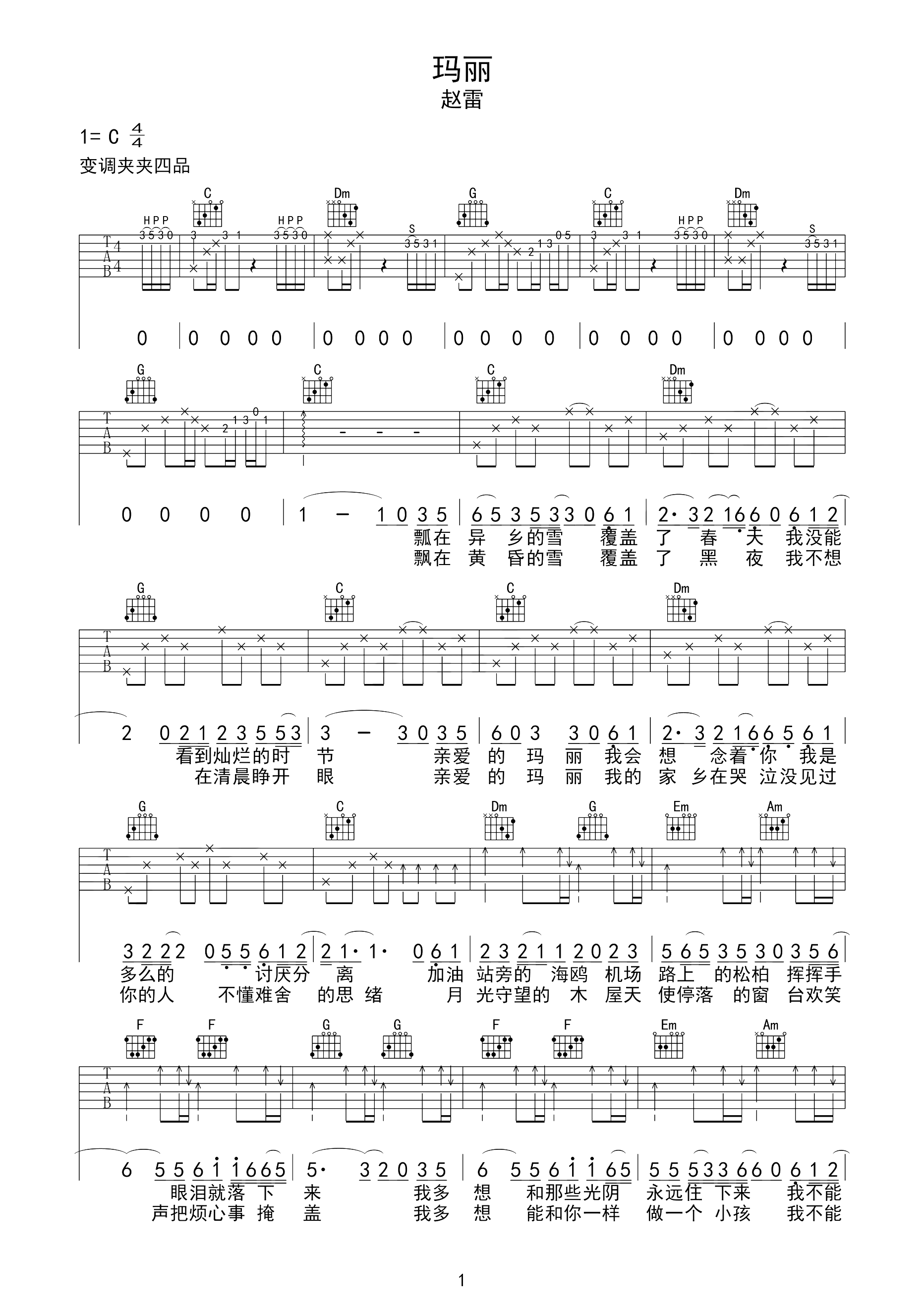 玛丽吉他谱 赵雷-我多想和时光一样潇洒的离开 我没能 我没能1