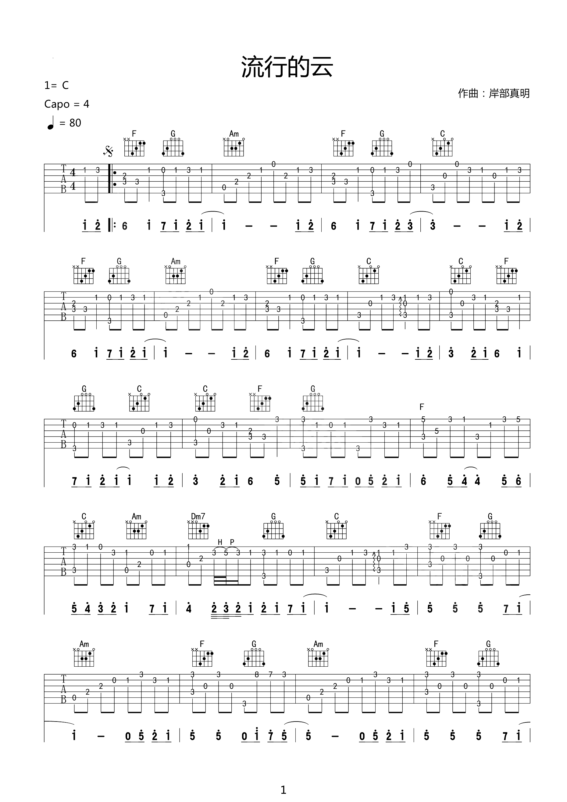 流行的云曲谱D调吉他谱第(1)页