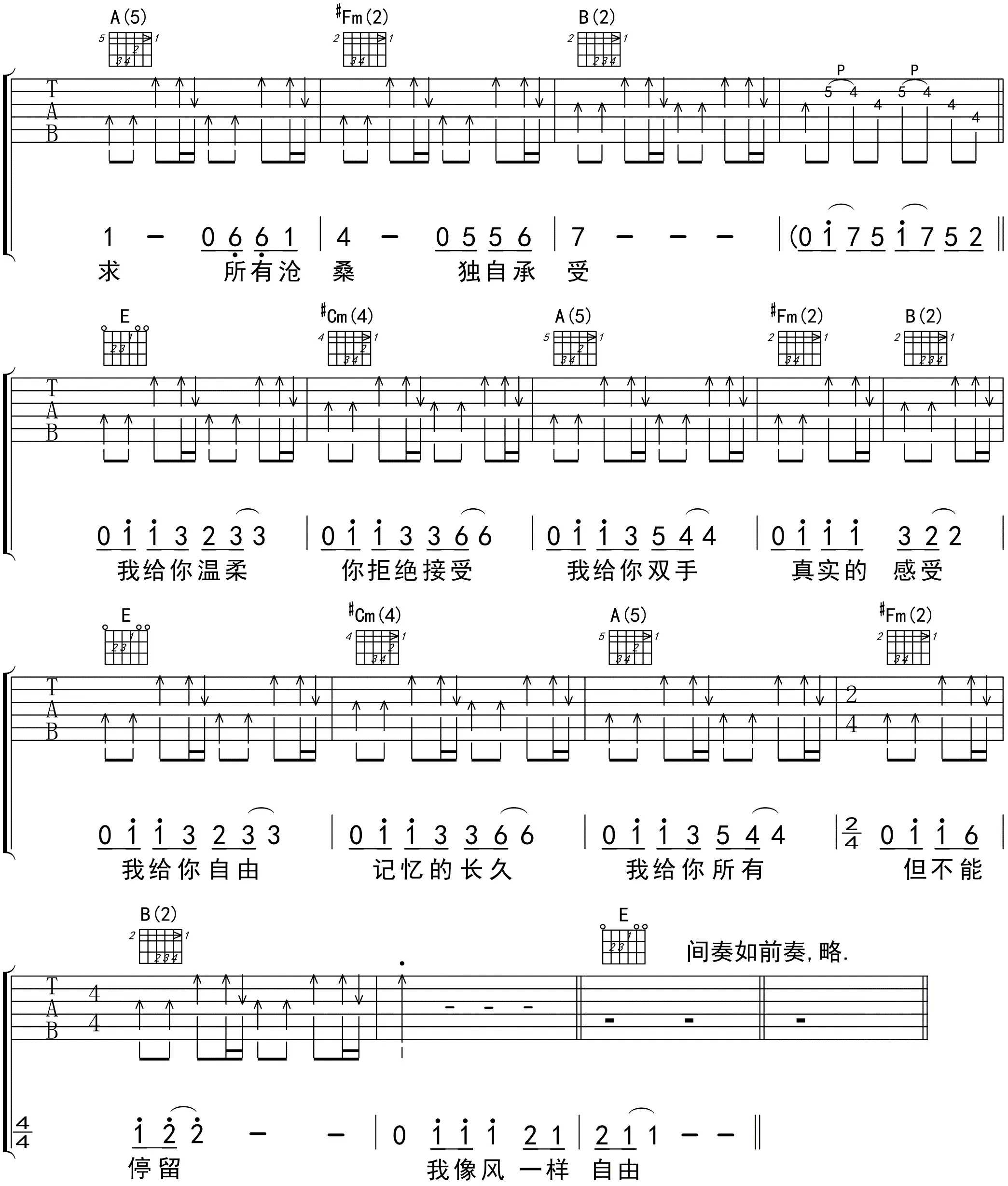 像风一样自由曲谱B调吉他谱第(2)页
