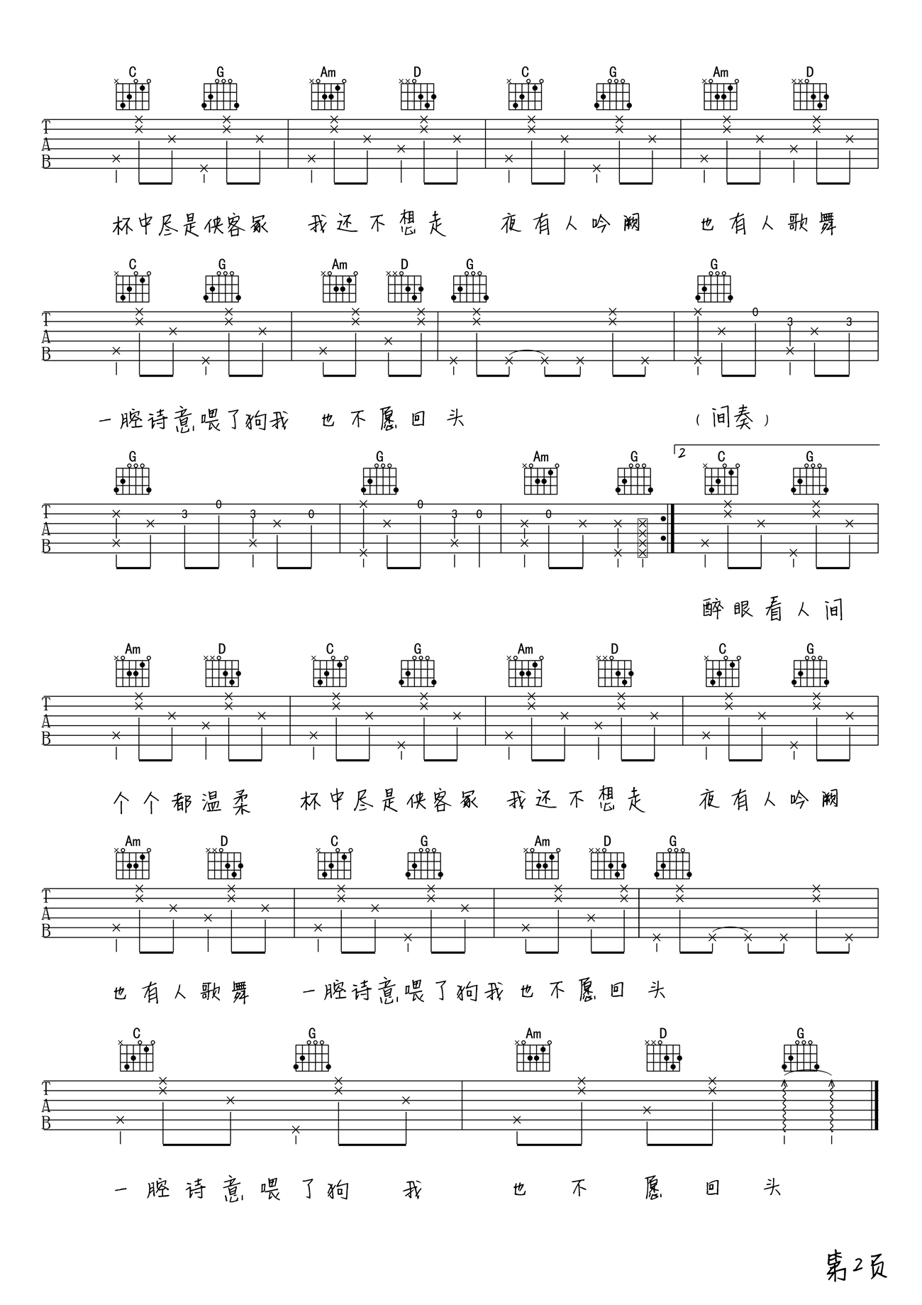 一腔诗意喂了狗曲谱C调吉他谱第(2)页