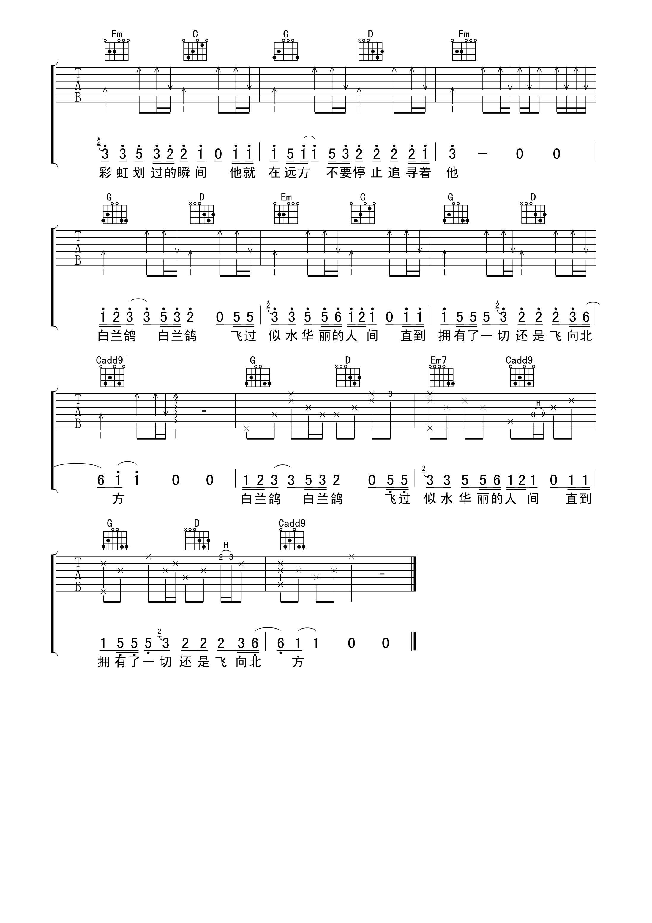 白兰鸽巡游记曲谱C调吉他谱第(3)页