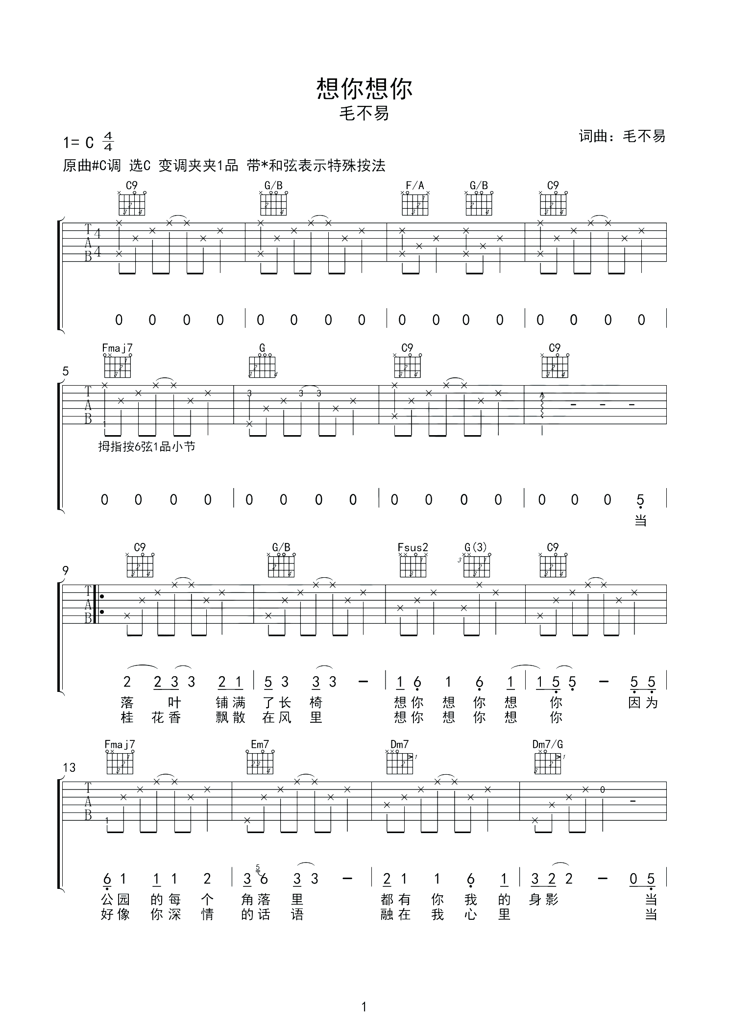 想你想你曲谱C调吉他谱第(1)页