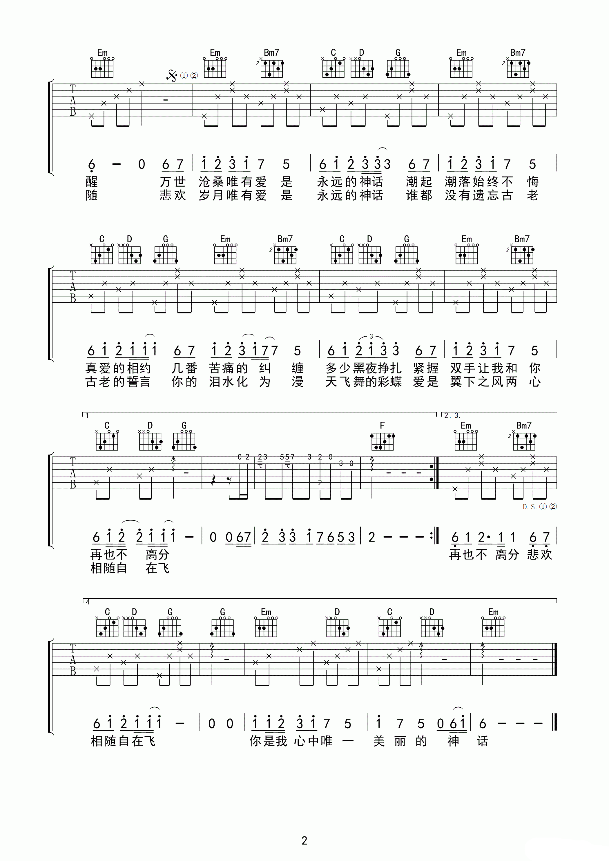 美丽的神话曲谱by孙楠/韩红B调吉他谱第(2)页