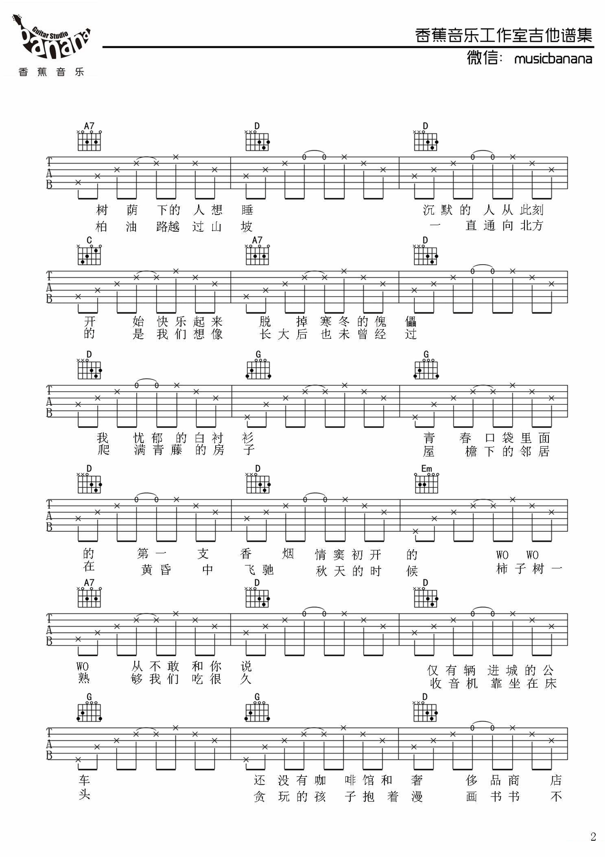 少年锦时中国好声音版D调吉他谱第(2)页