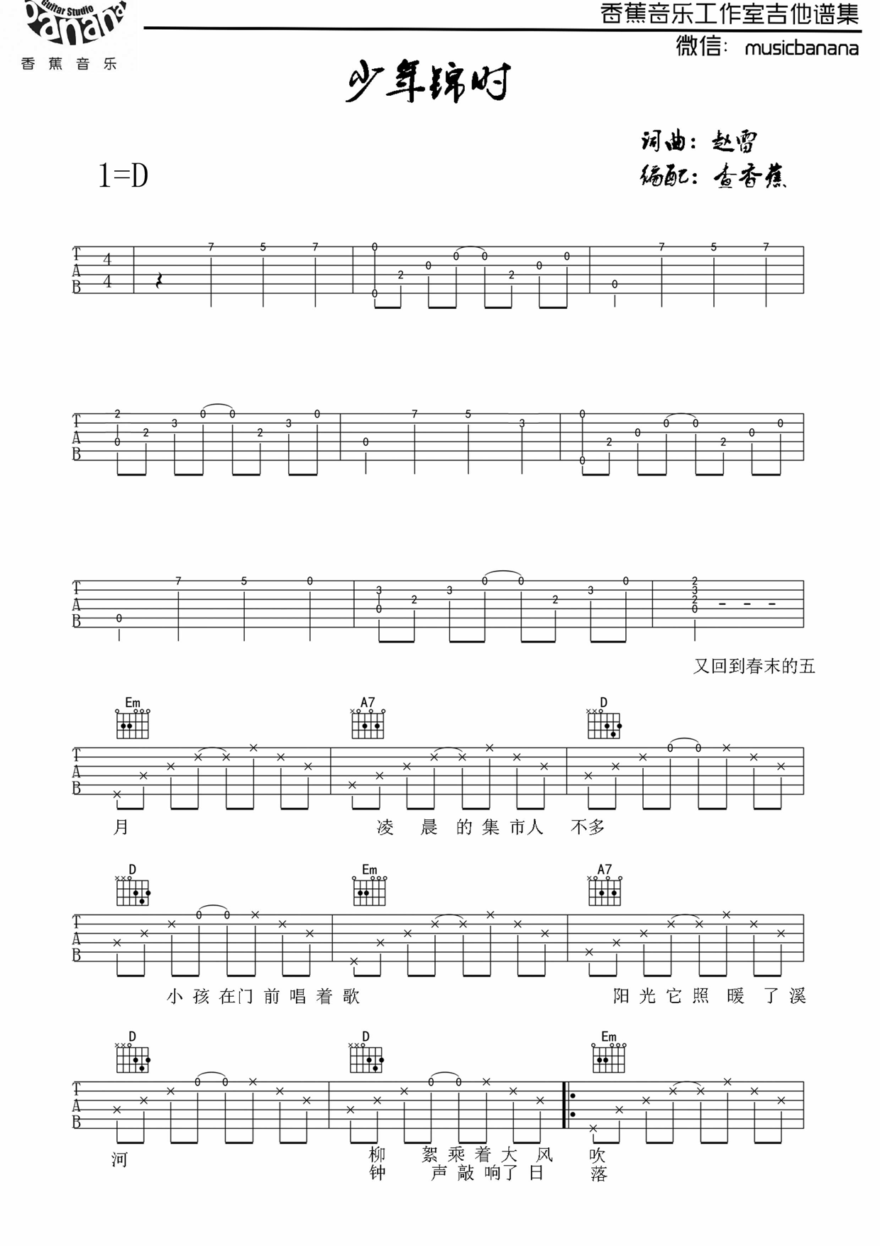 少年锦时中国好声音版D调吉他谱第(1)页
