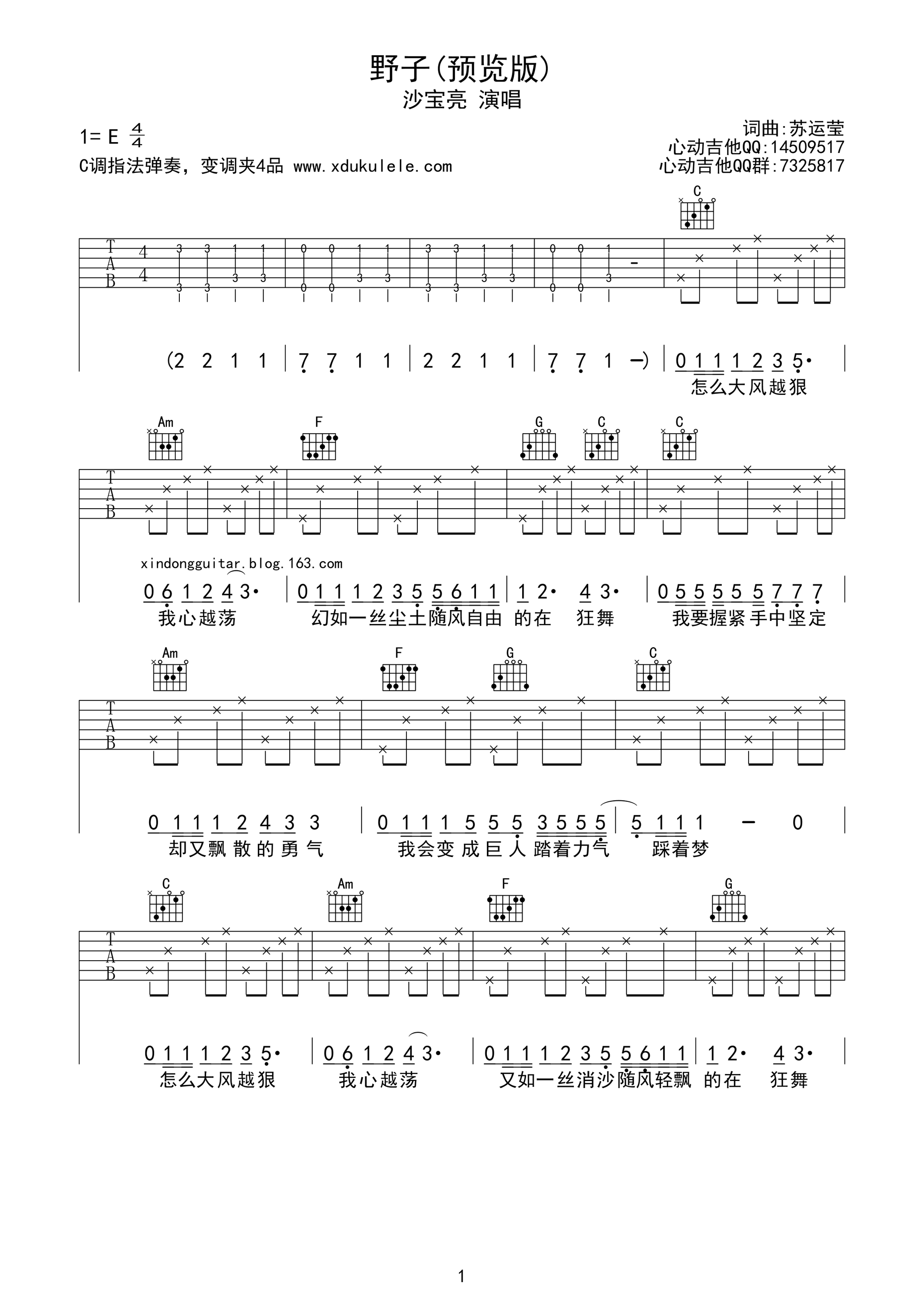 野子C调高清版吉他谱第(1)页