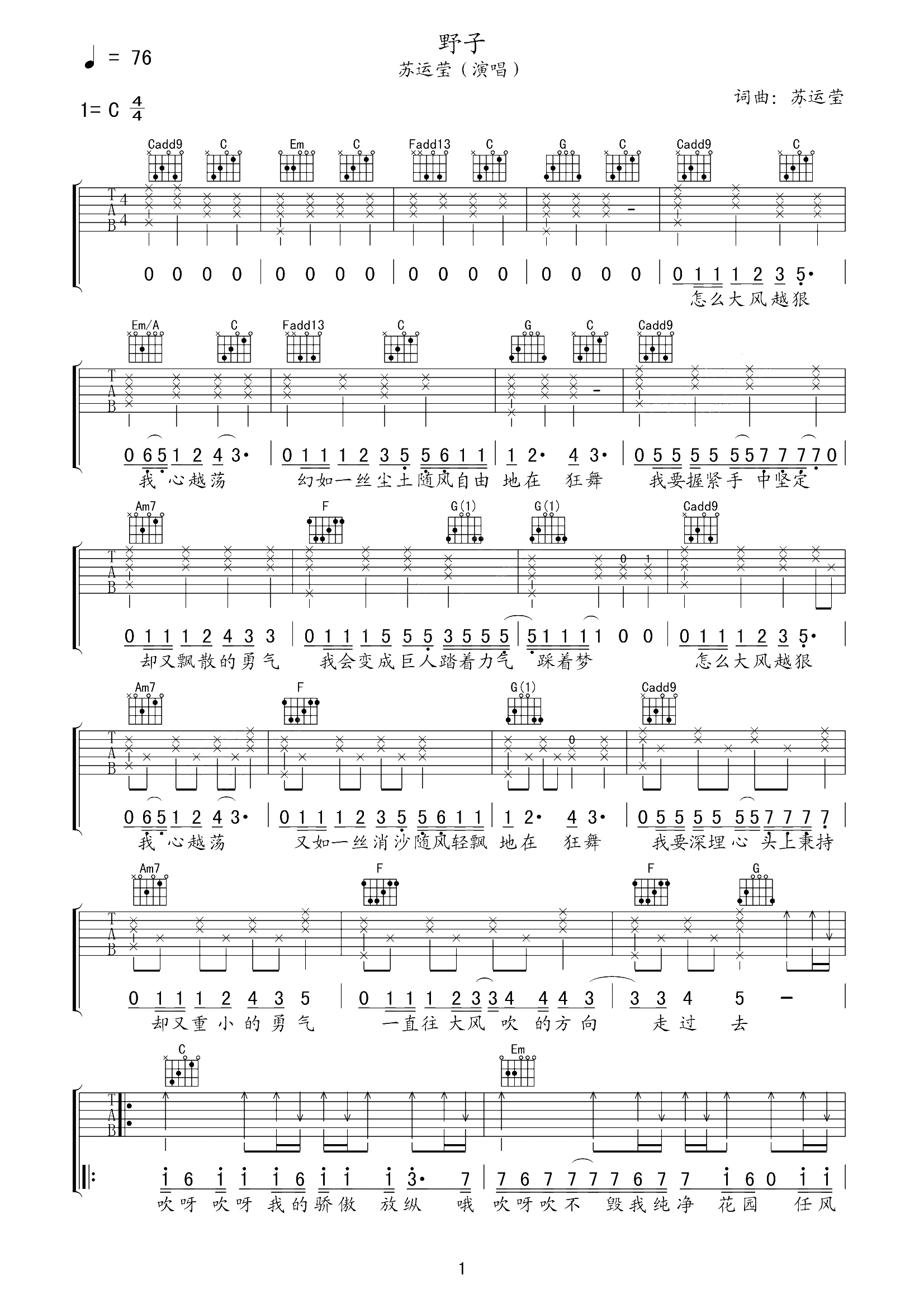 野子C调女生版吉他谱第(1)页