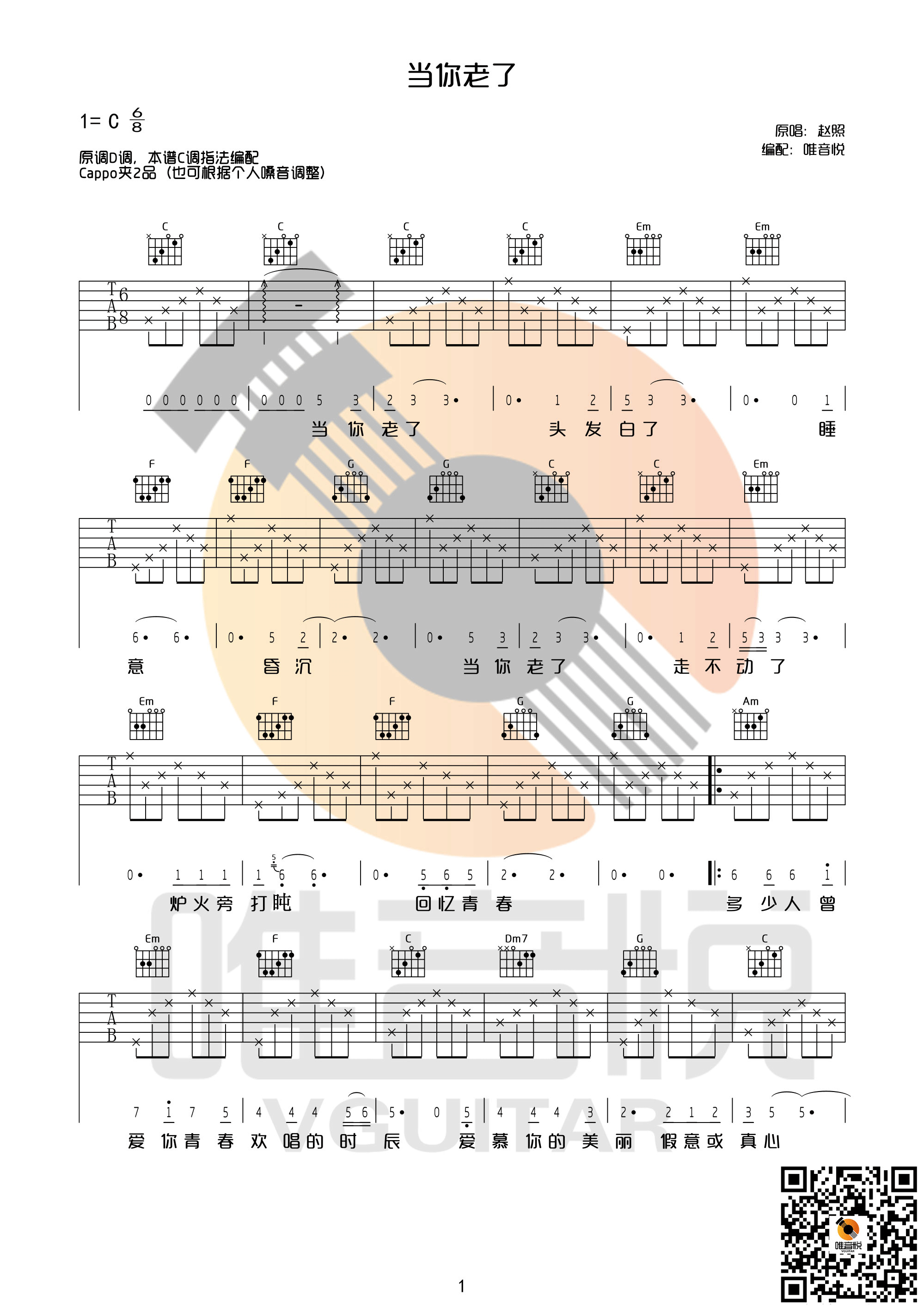 当你老了D调完整版吉他谱第(1)页