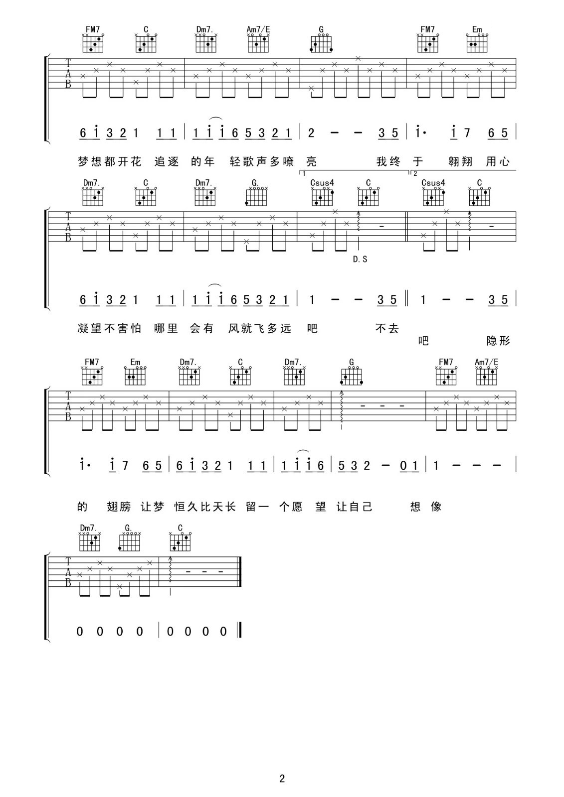 隐形的翅膀C调简化版吉他谱第(2)页