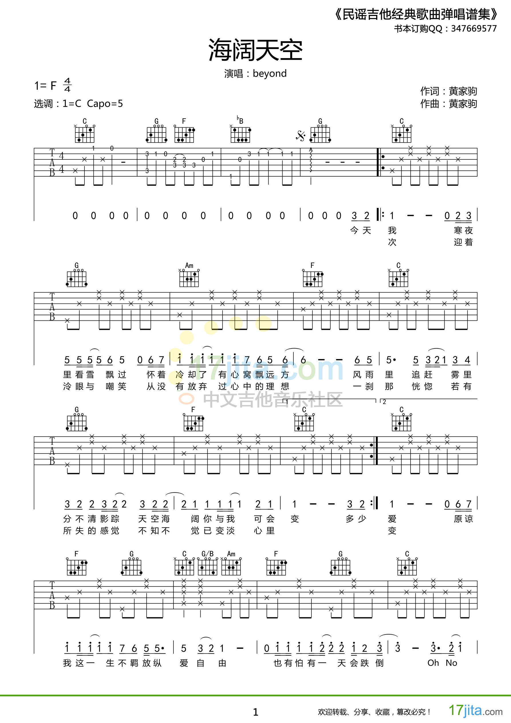 海阔天空C调高清版吉他谱第(1)页
