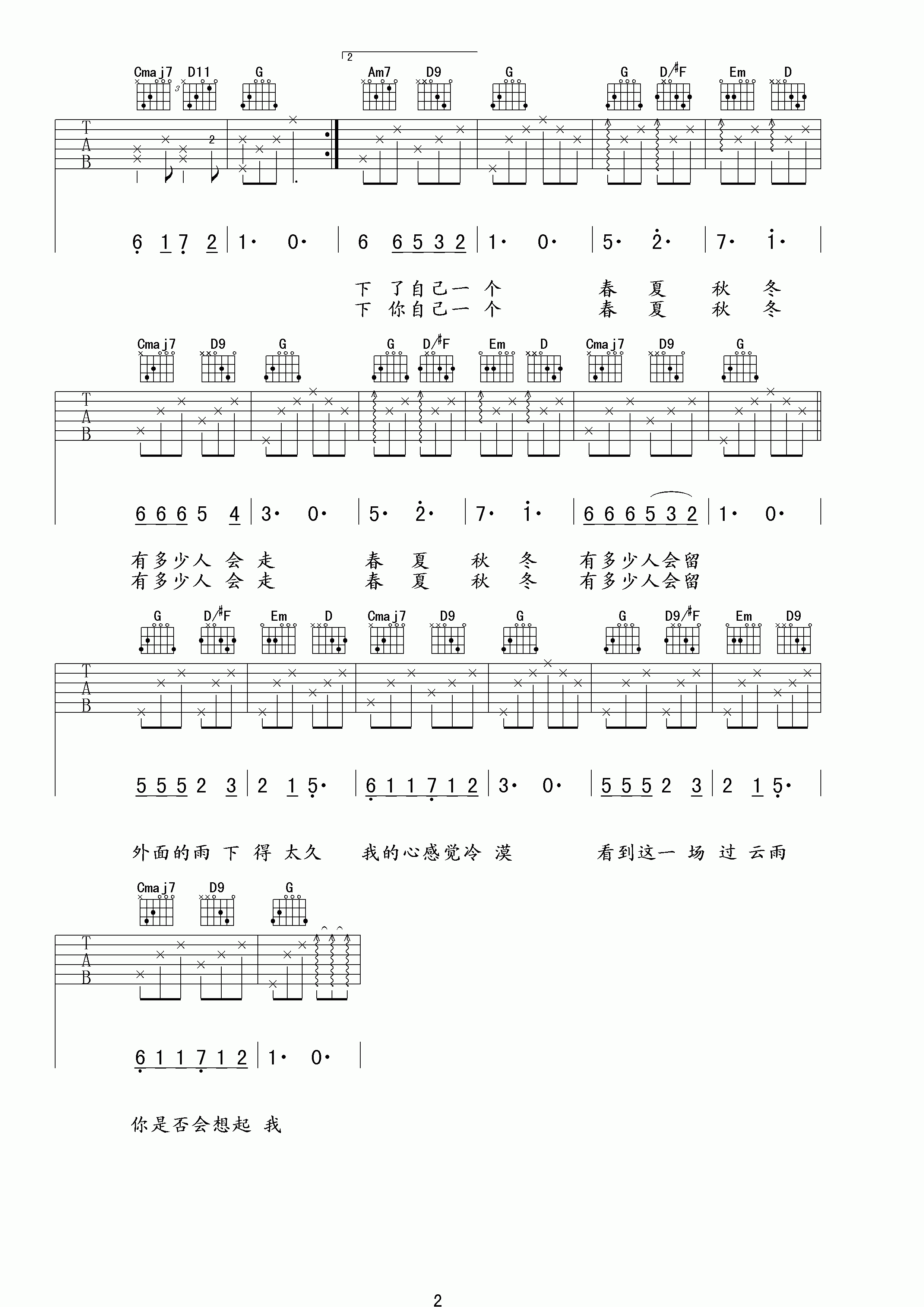 过云雨G调高清版吉他谱第(2)页