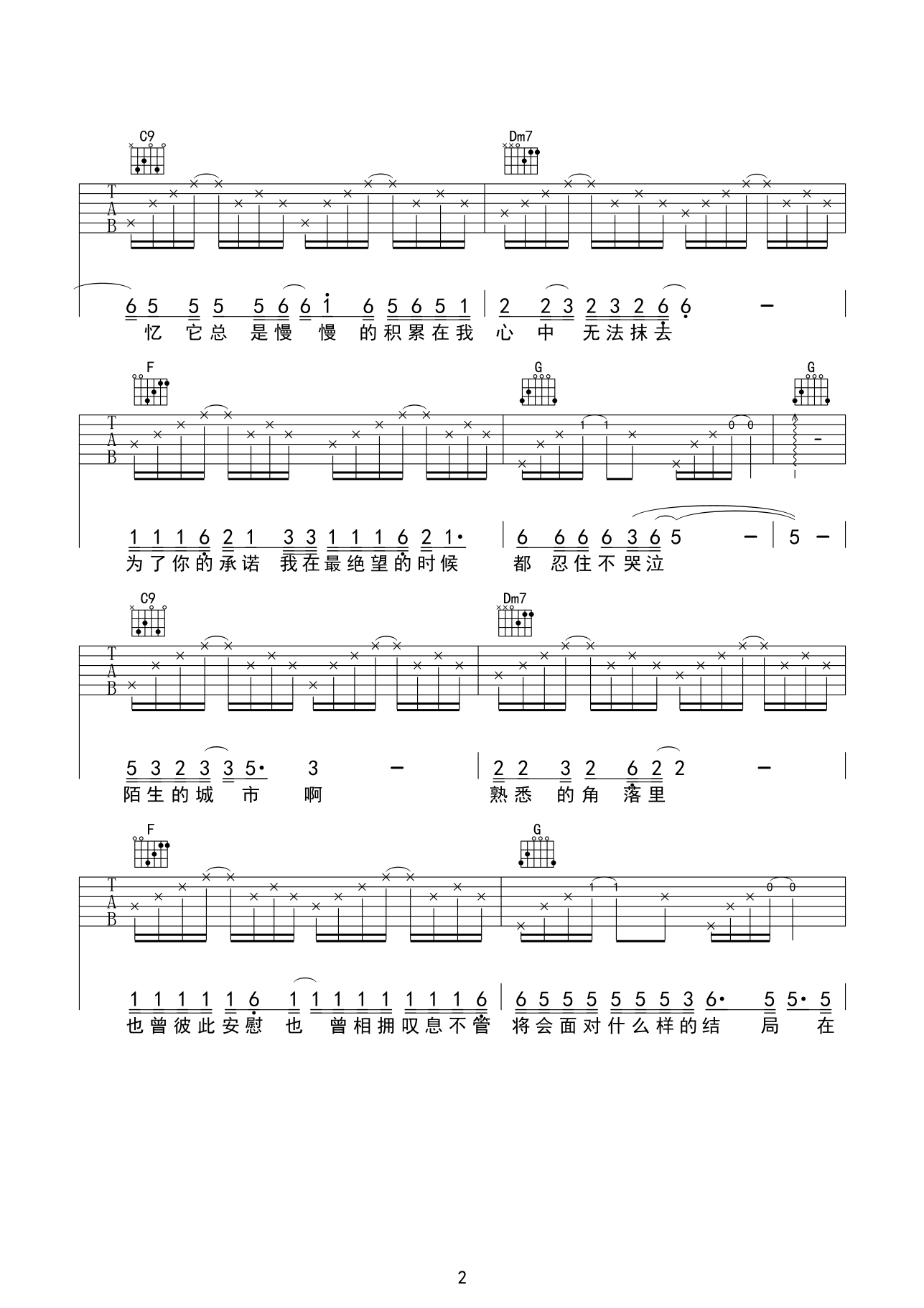 漂洋过海来看你C调高清版吉他谱第(2)页