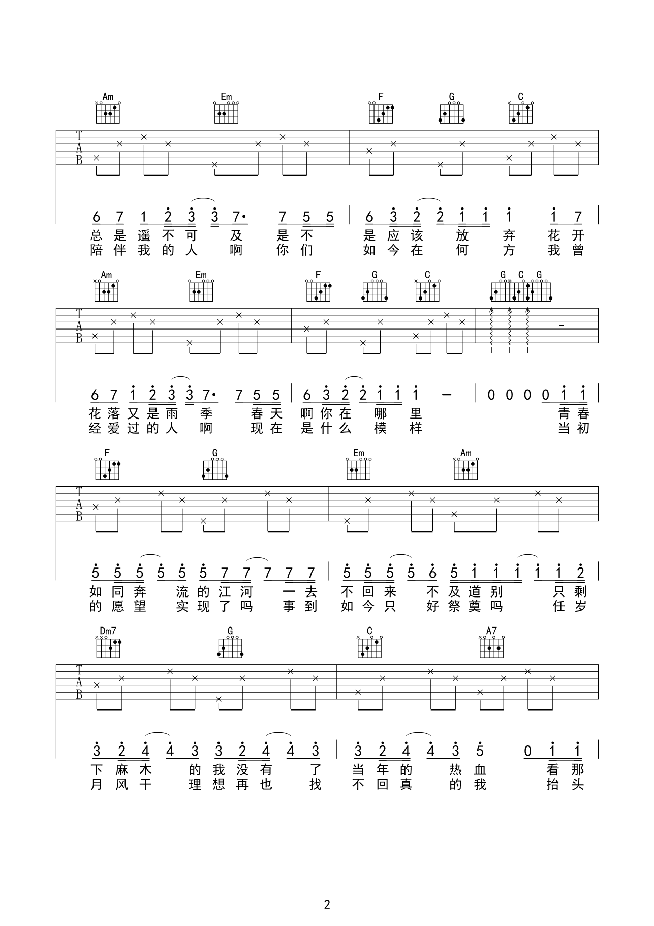 老男孩C调简单版吉他谱第(2)页
