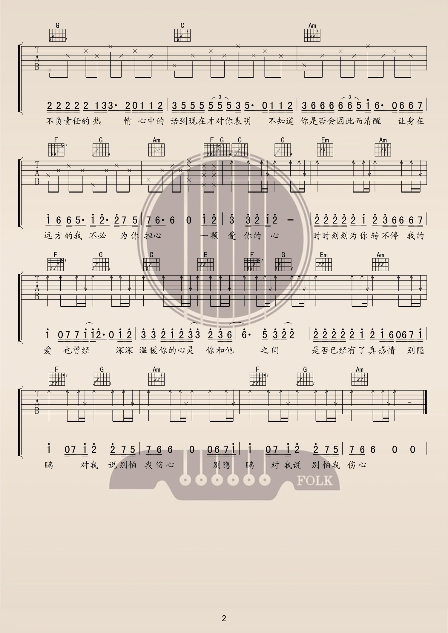 别怕我伤心C调高清版吉他谱第(2)页