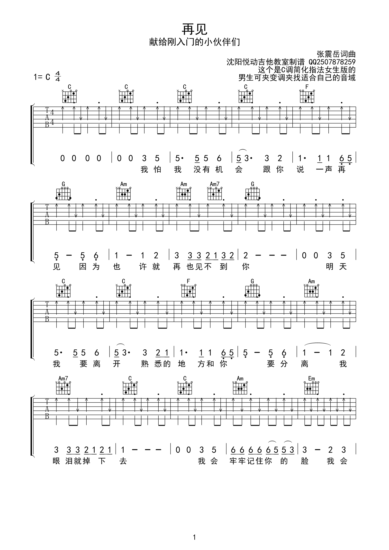再见C调入门简单版吉他谱第(1)页