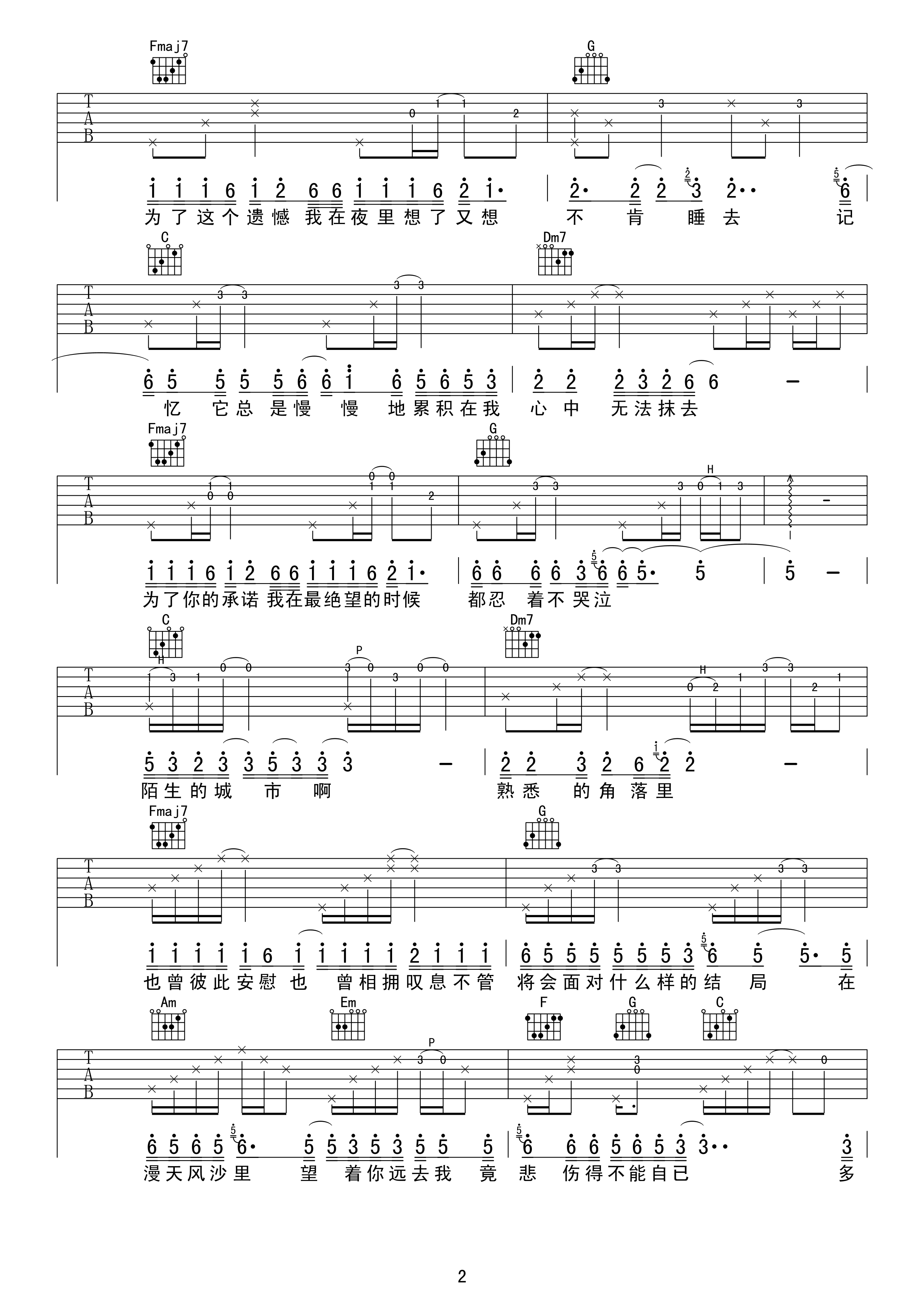 漂洋过海来看你吉他谱第(2)页