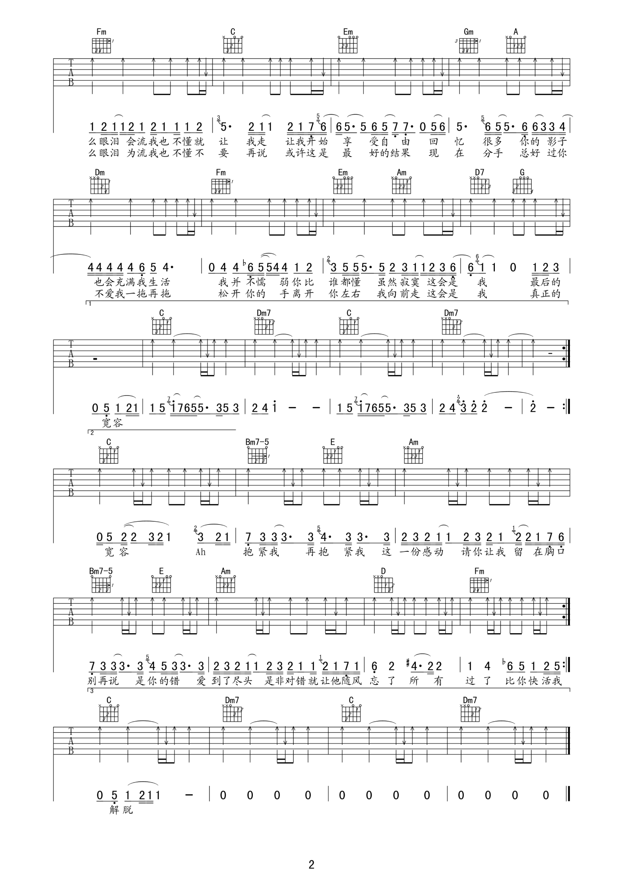 我不难过C调高清版吉他谱第(2)页