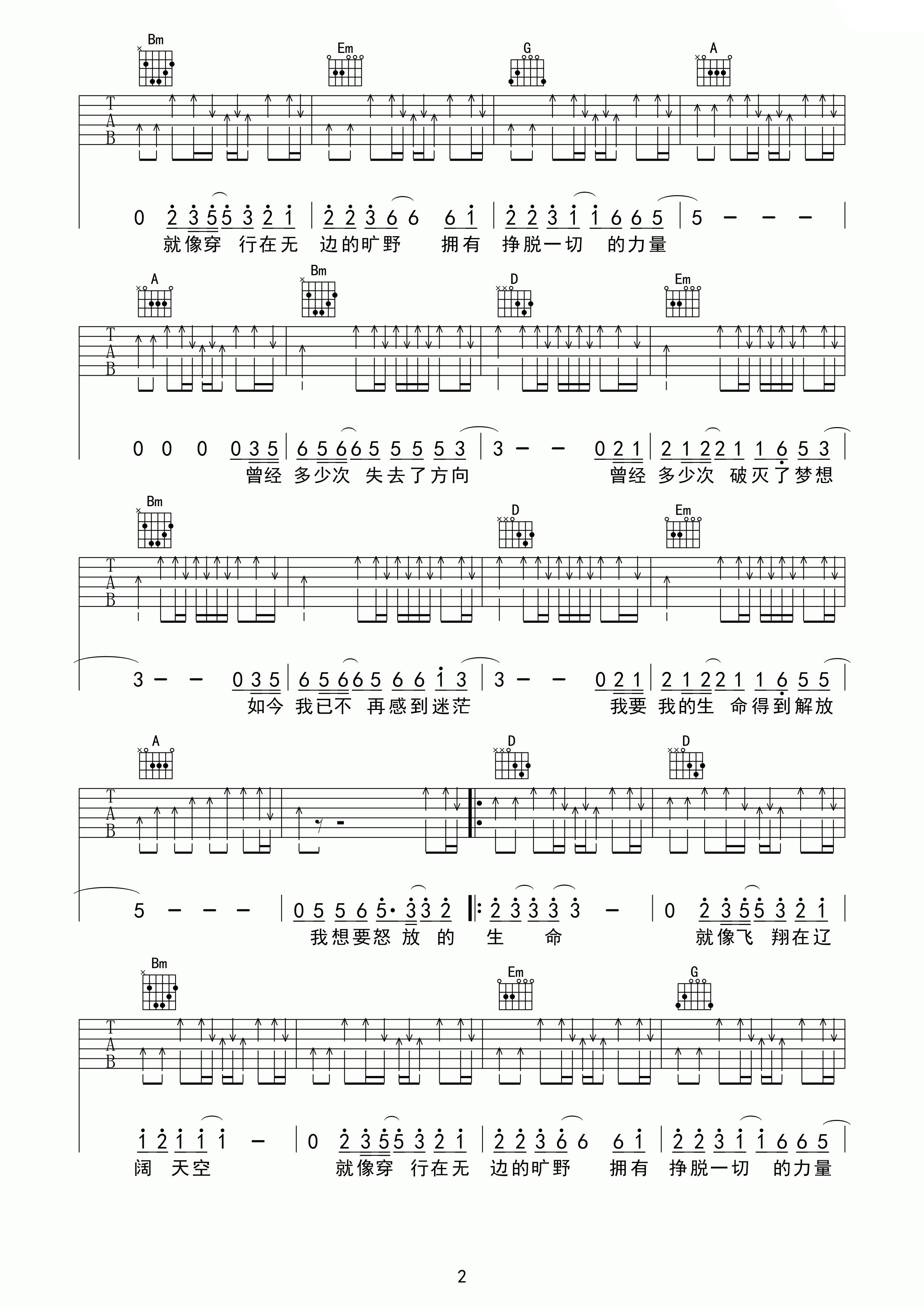 怒放的生命D调扫弦完美版吉他谱第(2)页
