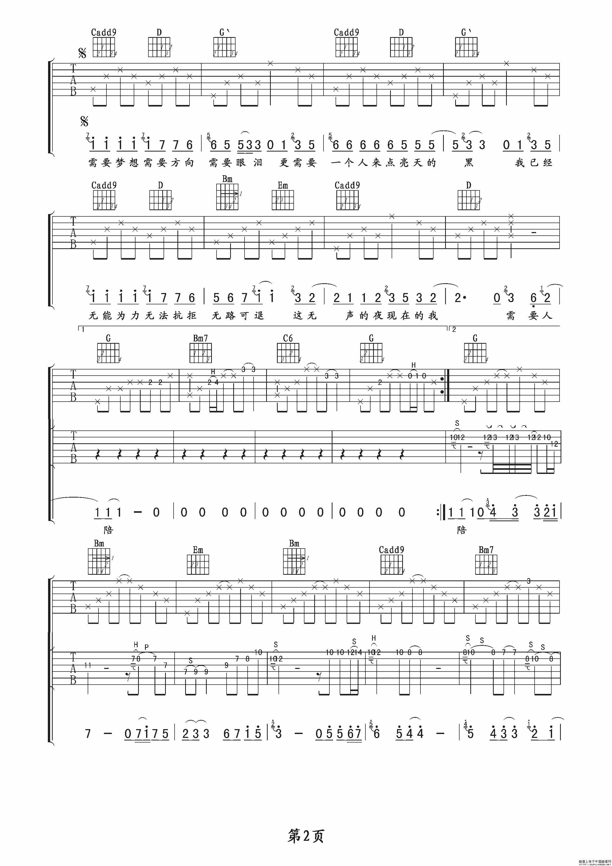 需要人陪C调吉他谱第(2)页