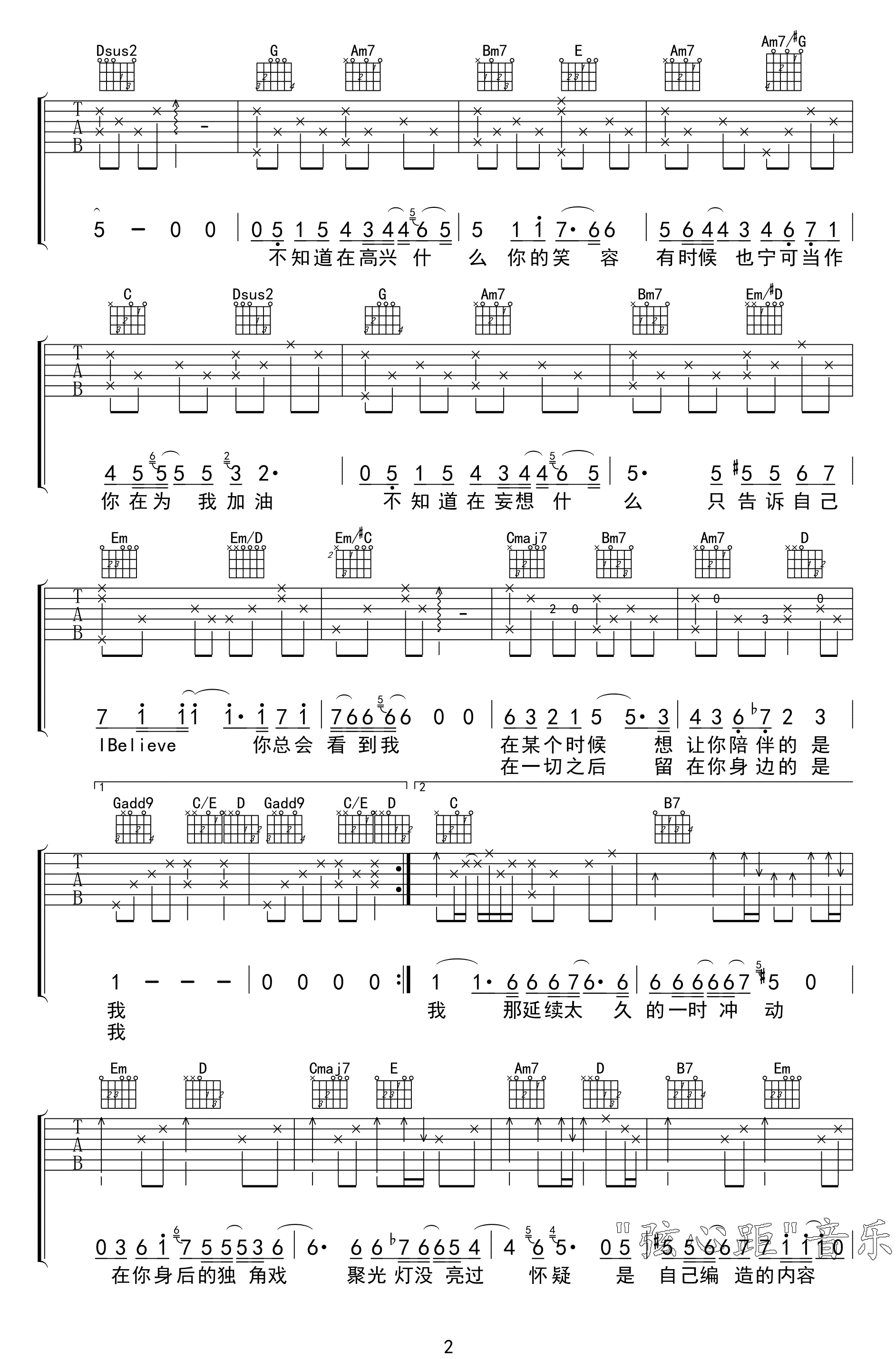 中国好声音IBelieve演唱版吉他谱第(2)页