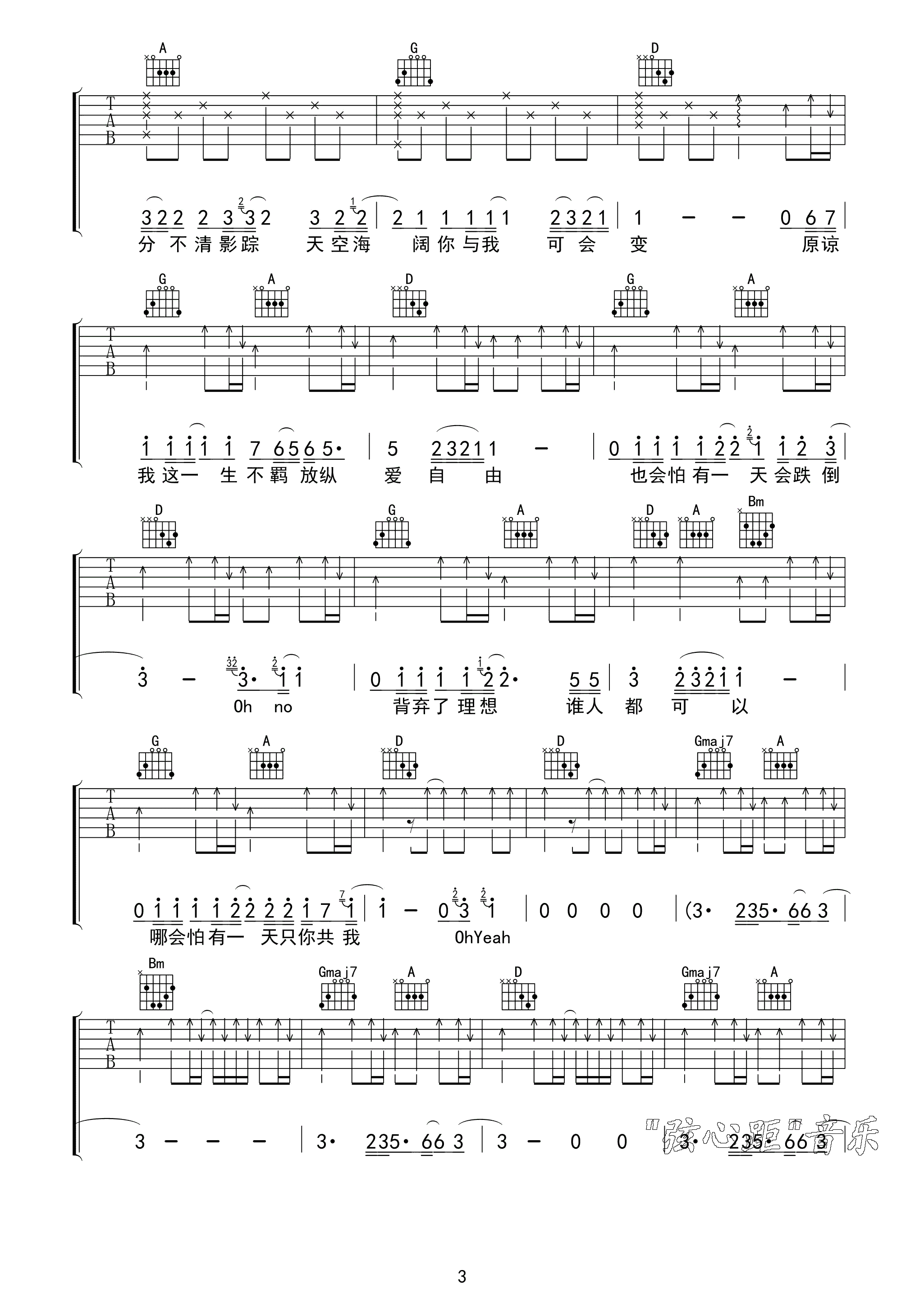 海阔天空弦心距D调版吉他谱第(3)页