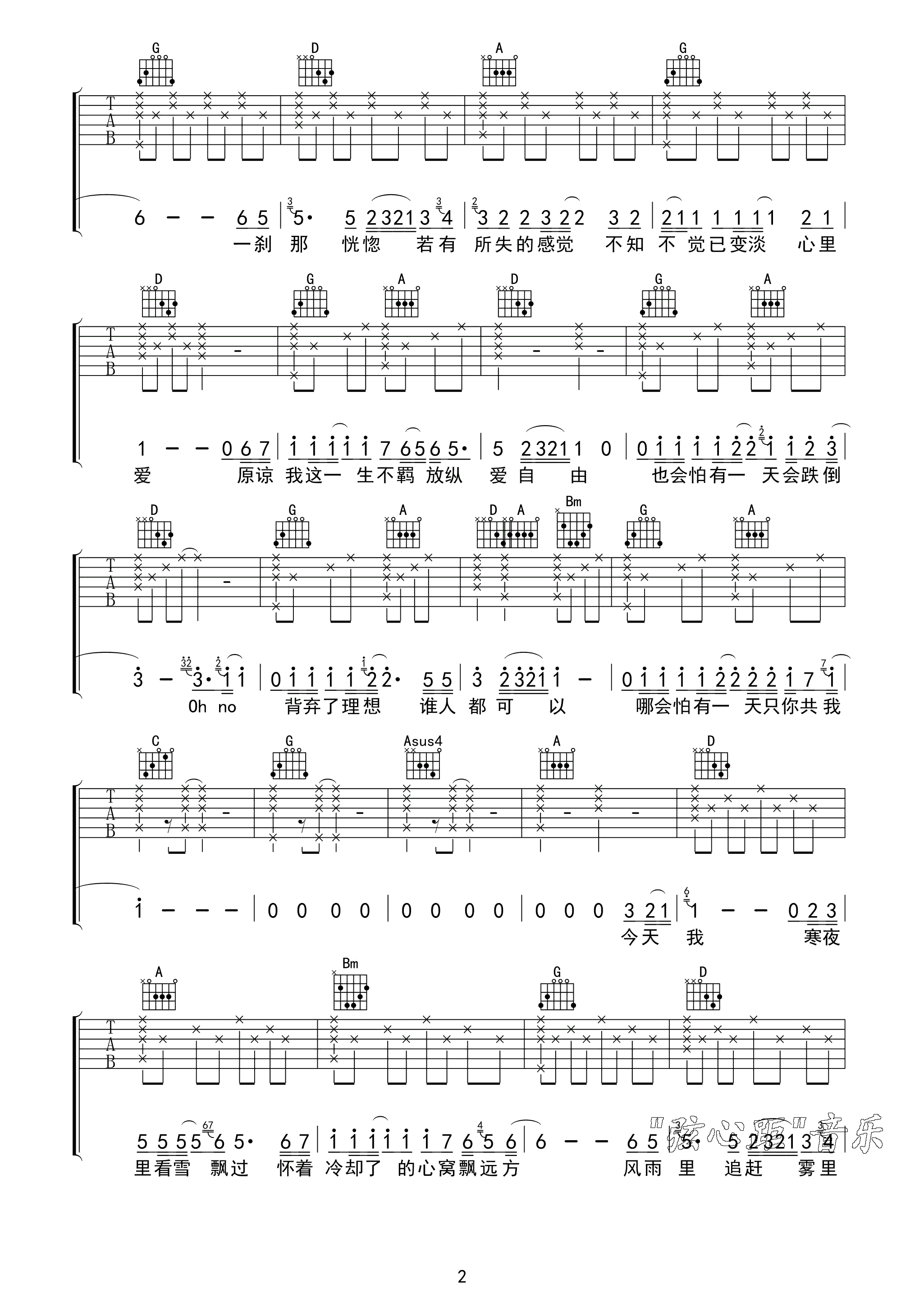 海阔天空弦心距D调版吉他谱第(2)页