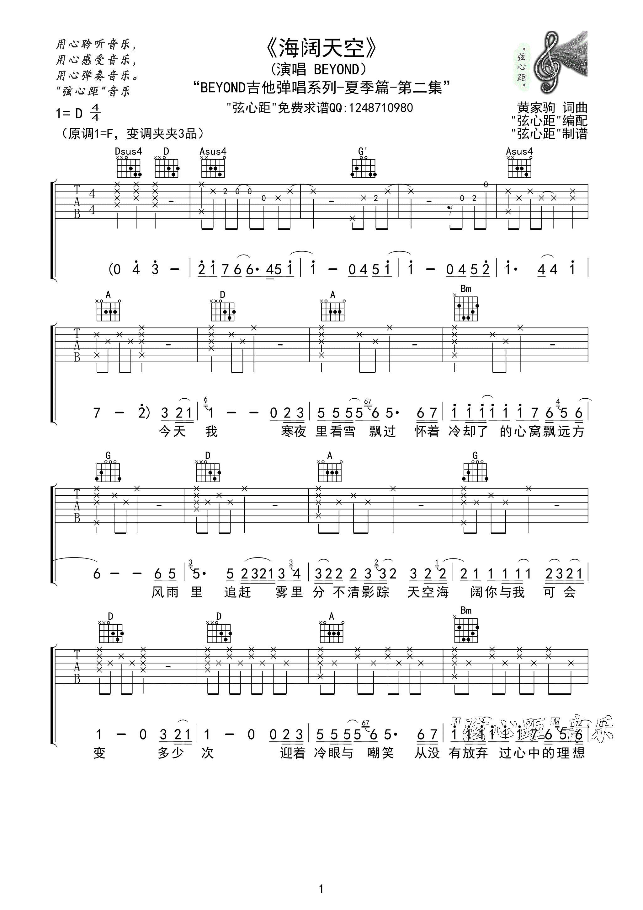 海阔天空弦心距D调版吉他谱第(1)页