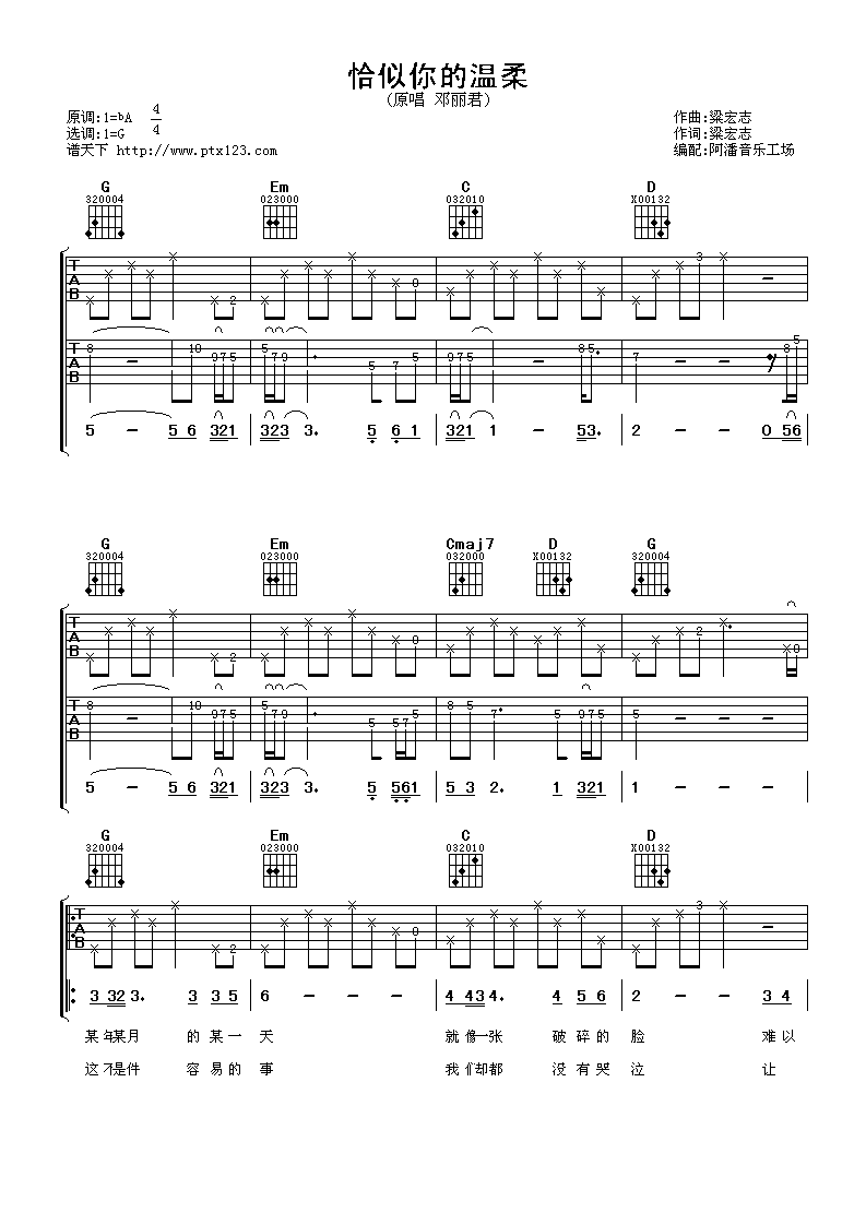 恰似你的温柔吉他谱谱天下版本第(1)页
