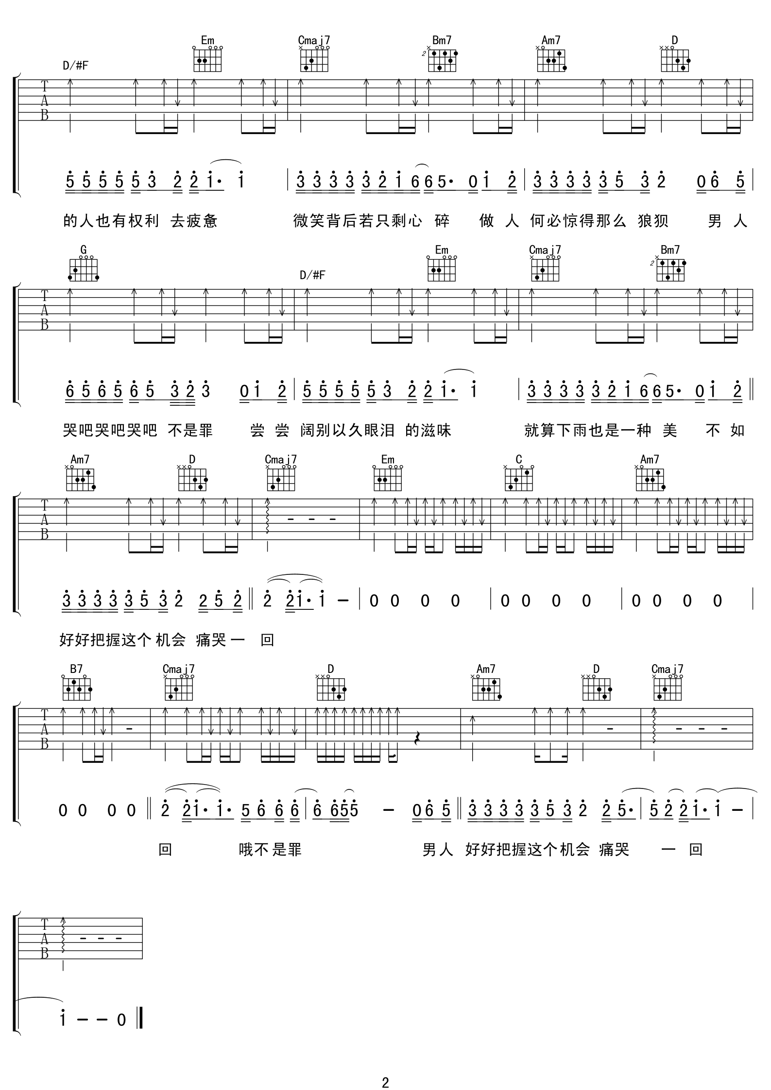 男人哭吧不是罪吉他谱第(2)页