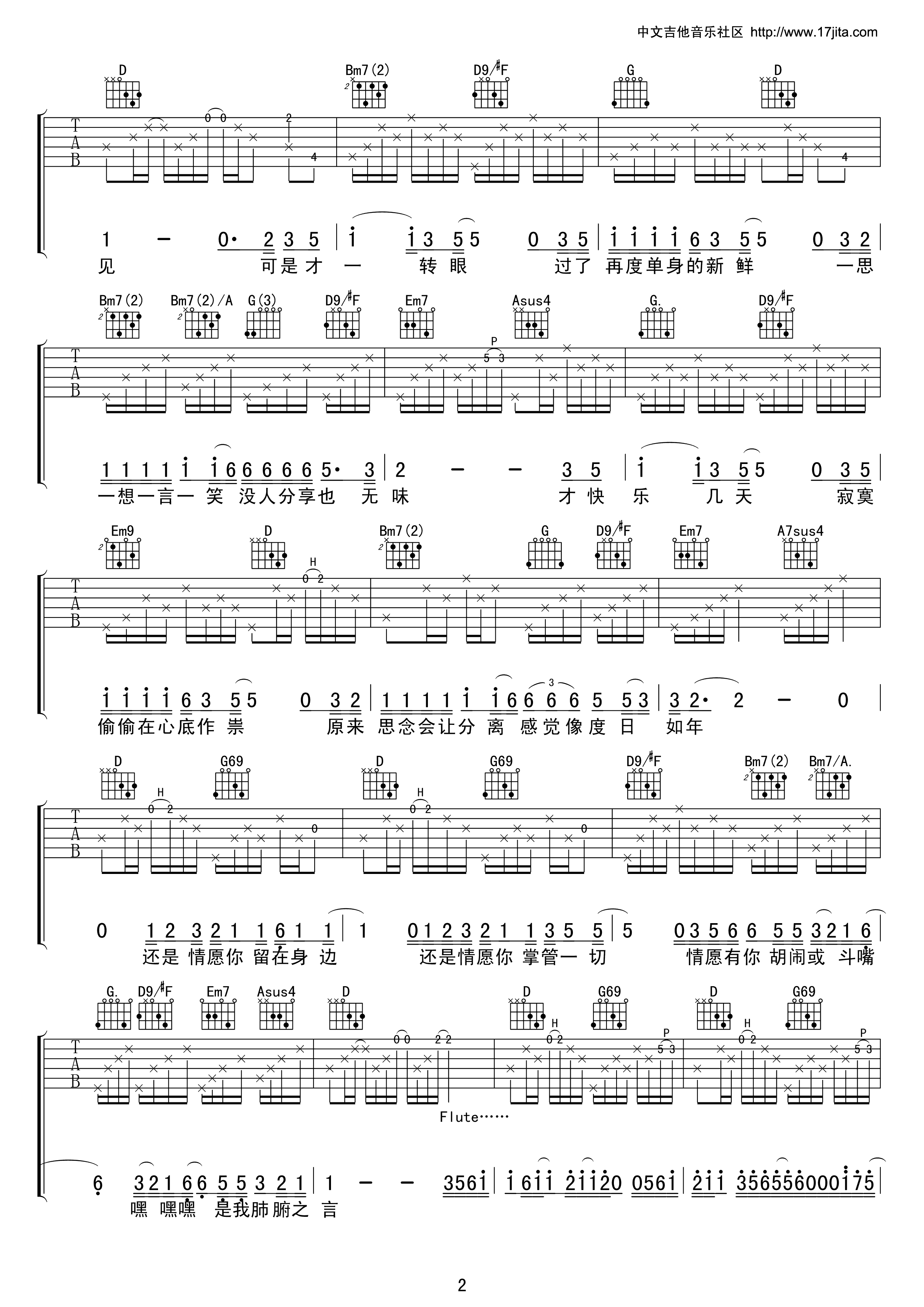 一个人万岁F调吉他谱第(2)页