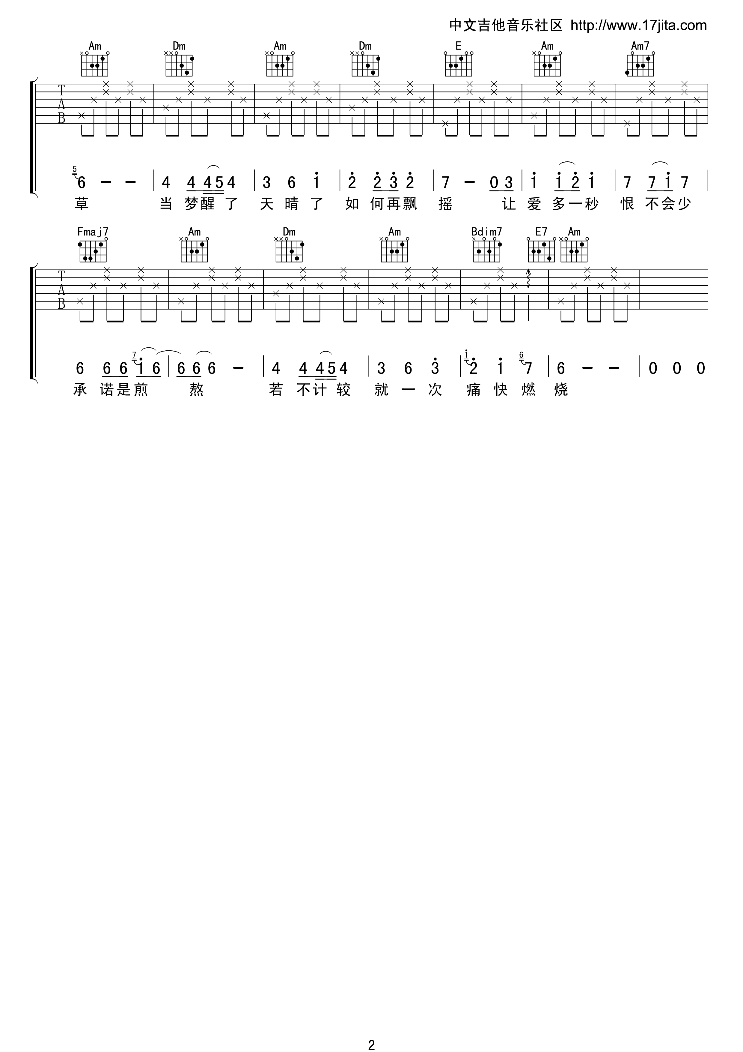 飘摇C调吉他谱第(2)页