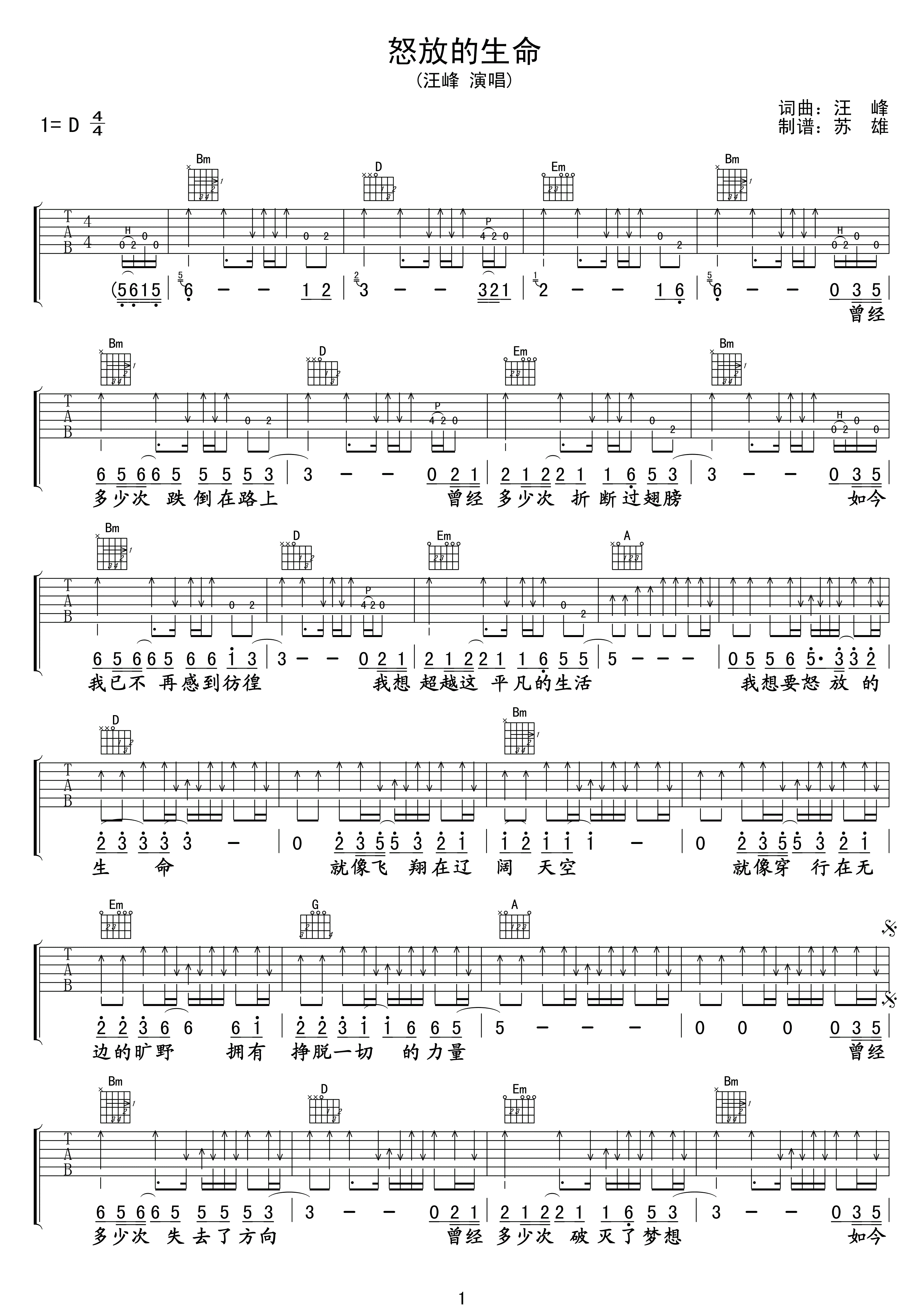 怒放的生命吉他谱第(1)页