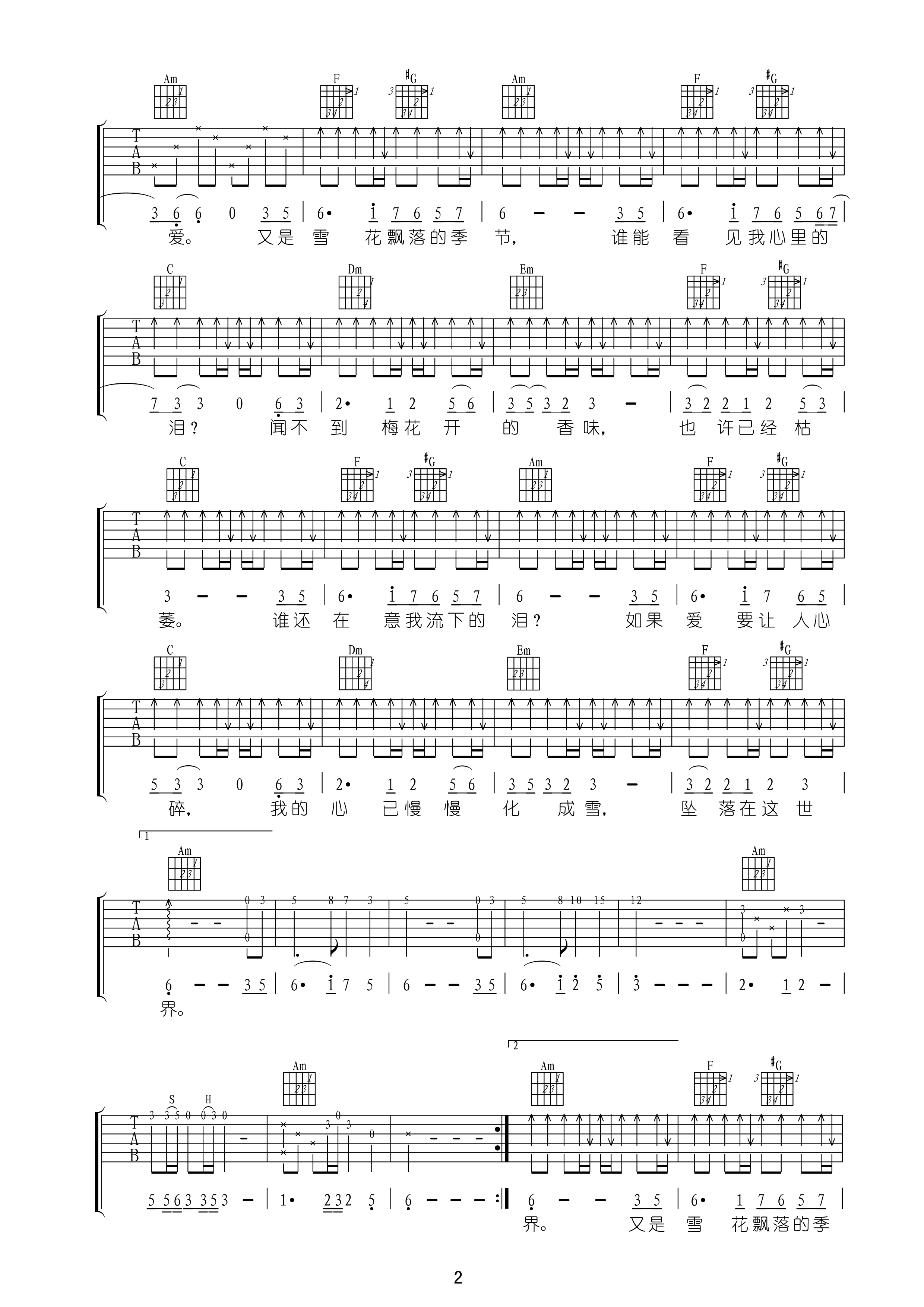 谁在意我流下的泪吉他谱第(2)页