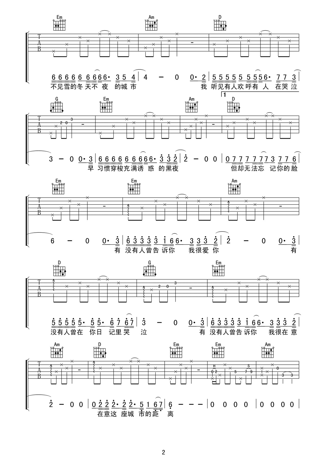 有没有人告诉你A调吉他谱第(2)页