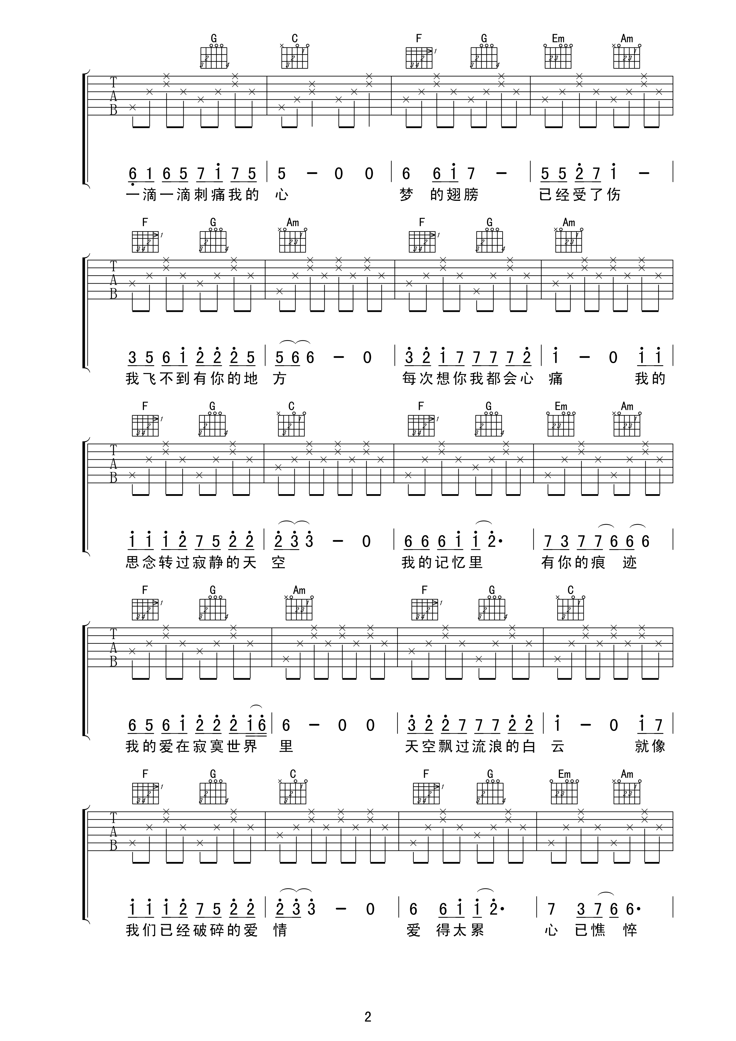 梦的翅膀受了伤吉他谱第(2)页