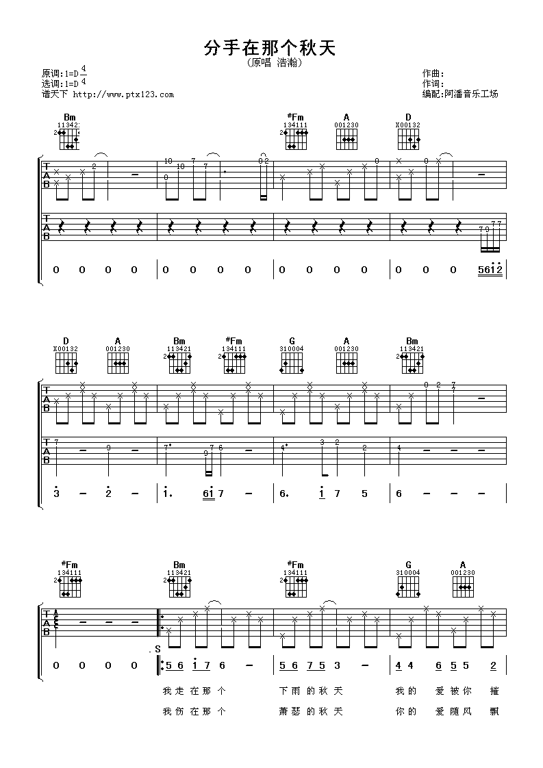 分手在那个秋天D调吉他谱第(1)页