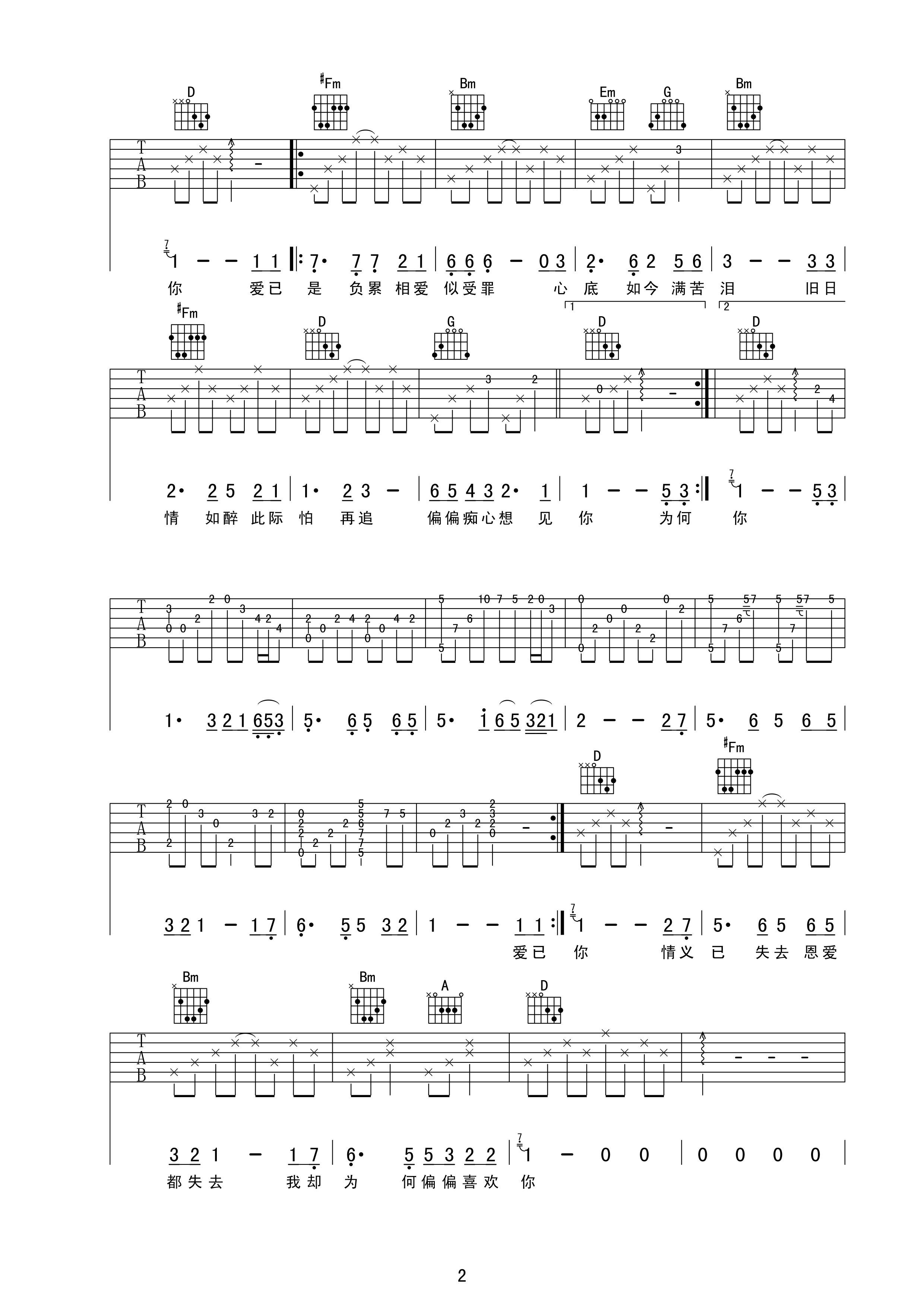 偏偏喜欢你D调吉他谱第(2)页