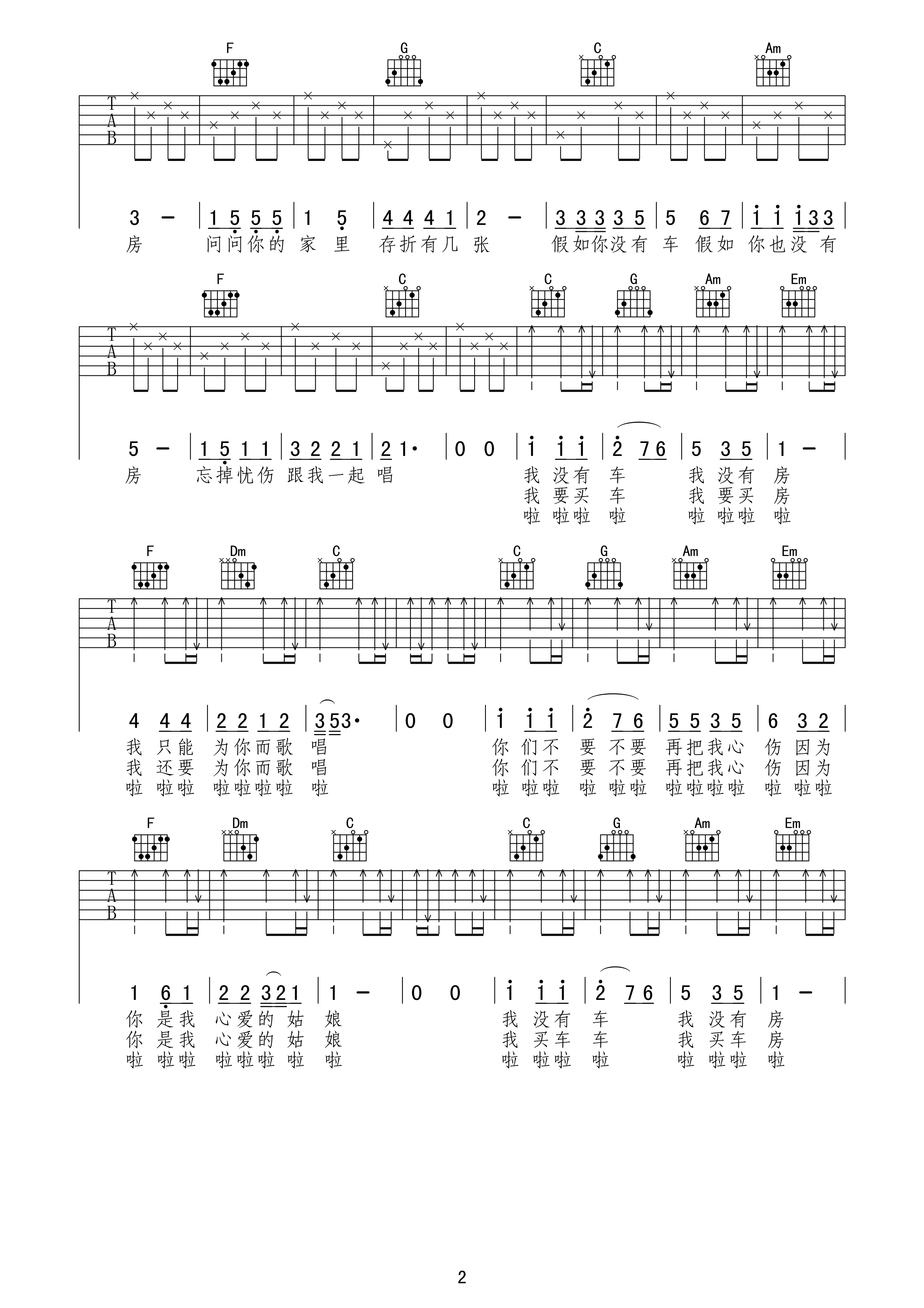 没有车没有房C调吉他谱第(2)页