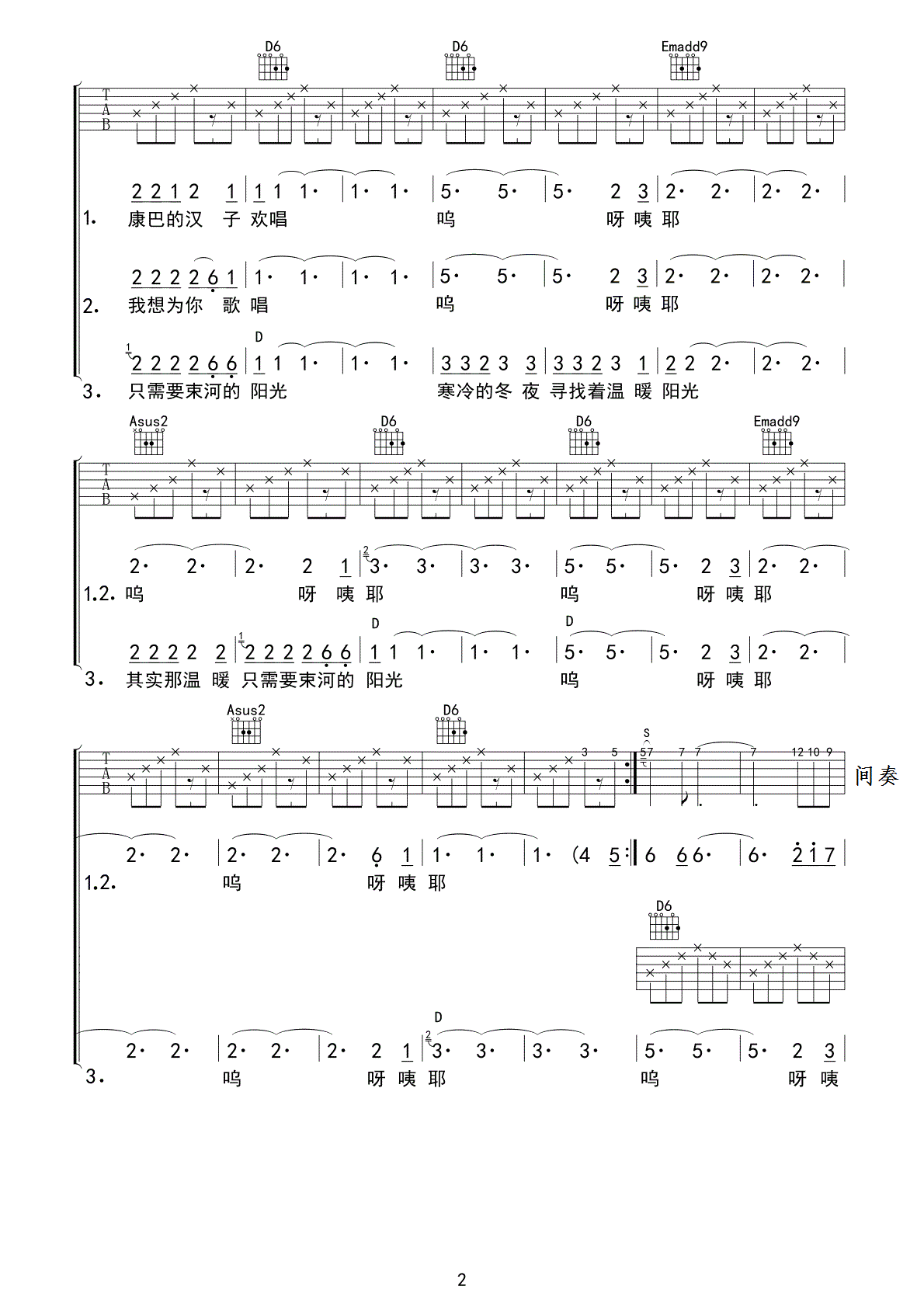 束河的阳光吉他谱第(2)页