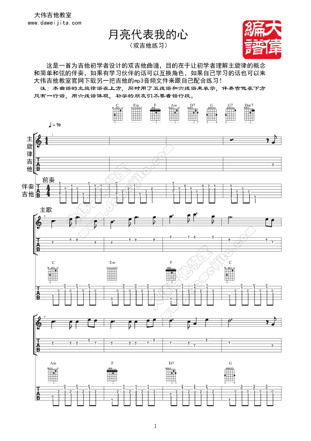 月亮代表我的心指弹吉他谱第(1)页