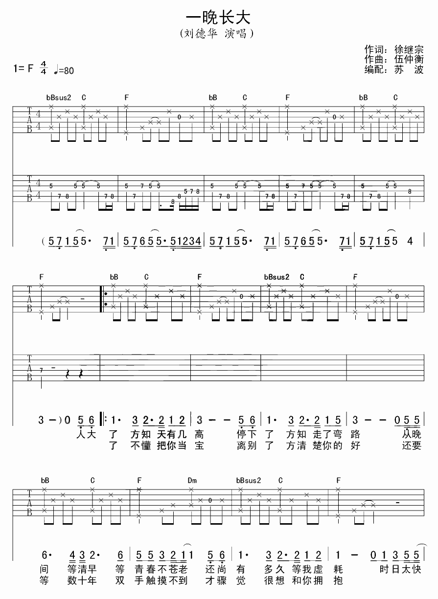 一晚长大吉他谱第(1)页