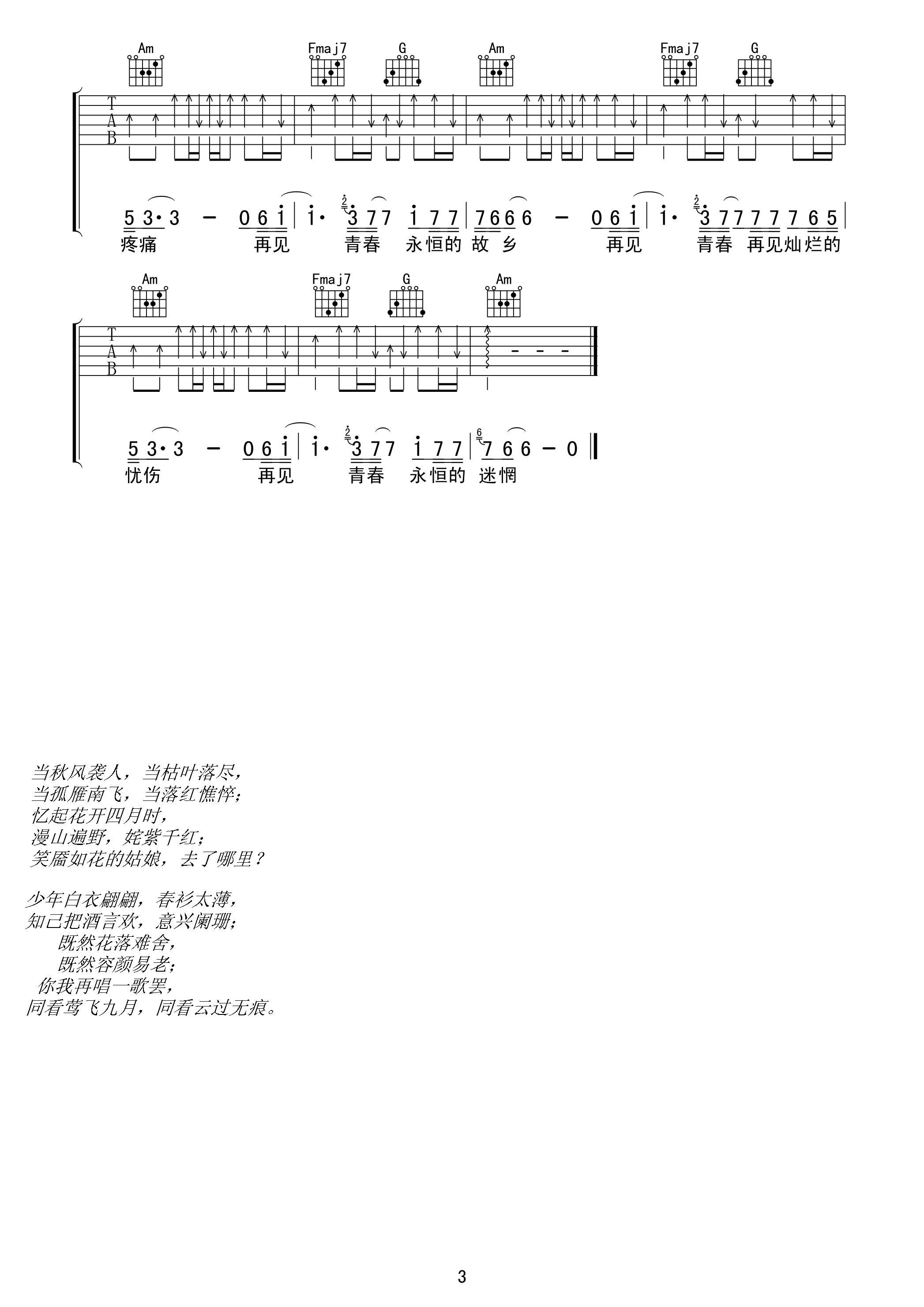 再见青春C调吉他谱第(3)页