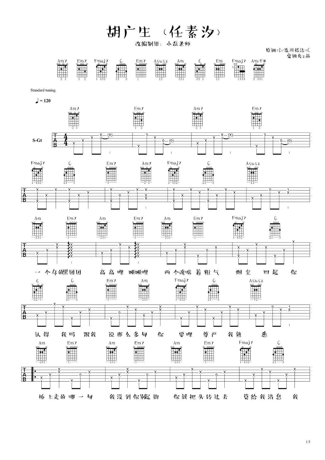 小磊老师胡广生吉他谱第(1)页